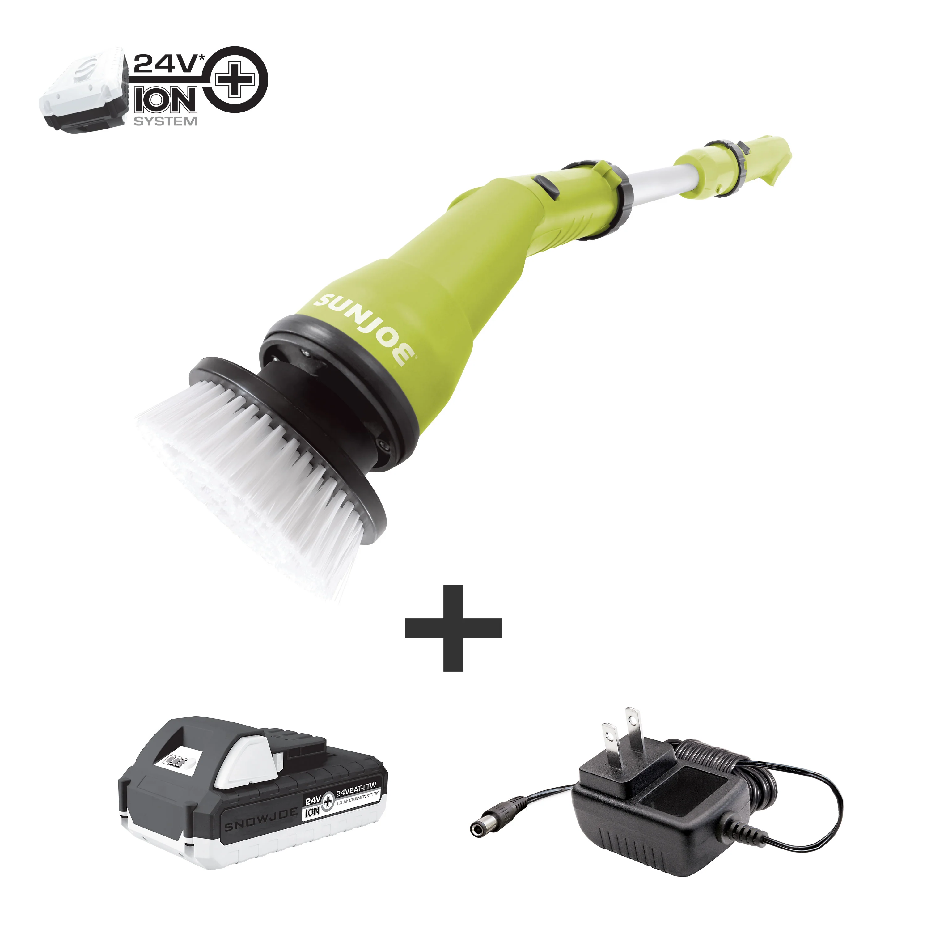 Sun Joe 24V-PWSCRB-LTW 24-Volt* IONMAX Cordless Heavy-Duty Indoor/Outdoor Power Scrubber | 4 Cleaning Attachments | Multi-Purpose 1000-OPM Oscillating Scrubber Head | For Grout, Tile, Bathtubs, Tire Rims & More | W/ 1.3-Ah Battery + Charger