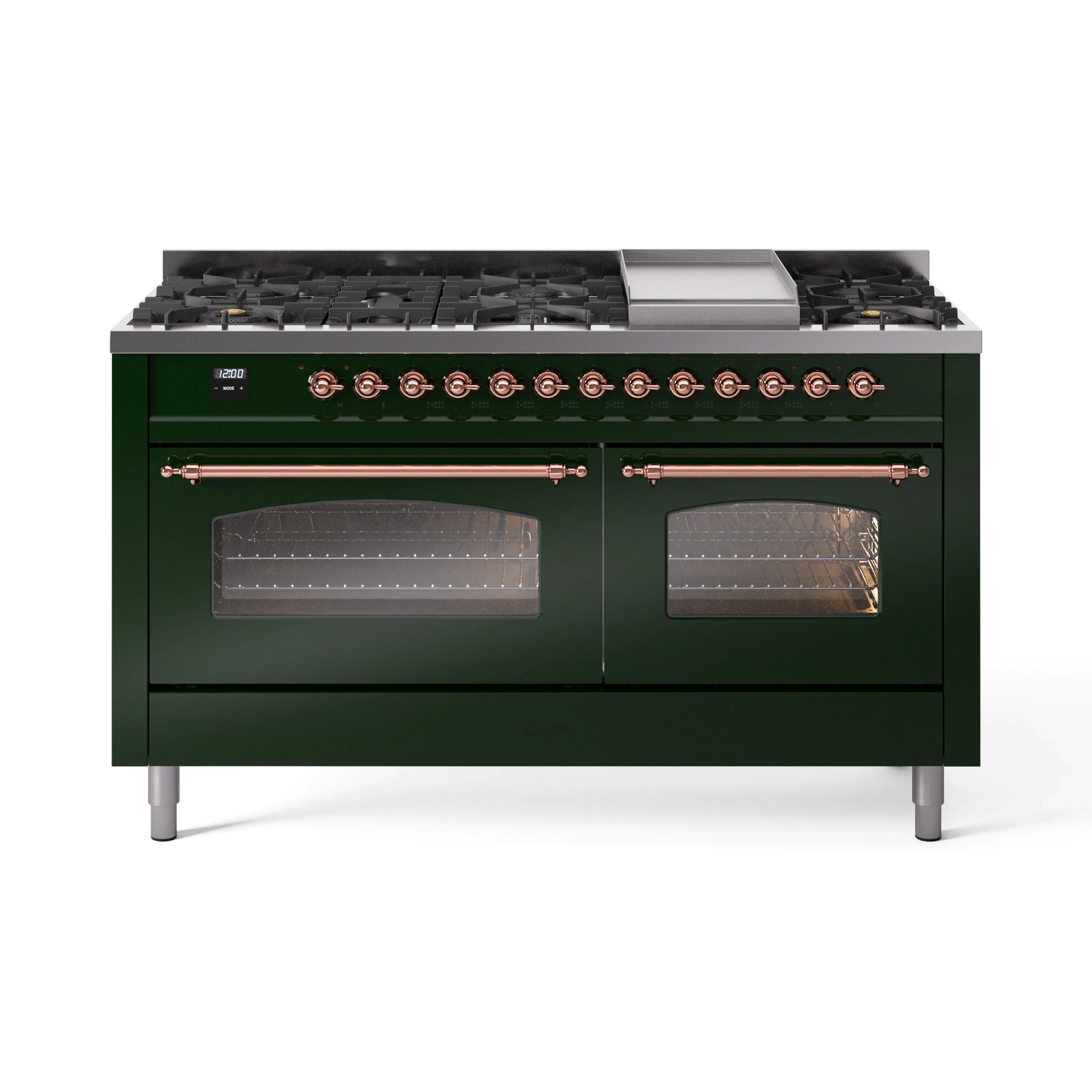 ILVE 60-Inch Nostalgie II Dual Fuel Range with 9 Burners, Griddle and Triple Glass Door Oven in Emerald Green with Copper Trim (UP60FNMPEGP)