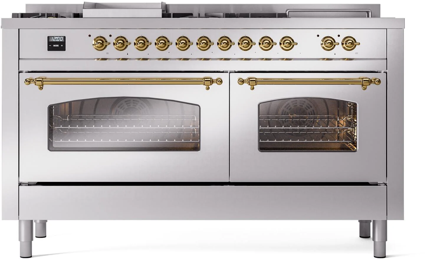 ILVE Nostalgie II 60-Inch Dual Fuel Range with 7 Burners, Griddle, & French Top with Triple Glass Door Oven in Stainless Steel with Brass Trim (UP60FSNMPSSG)