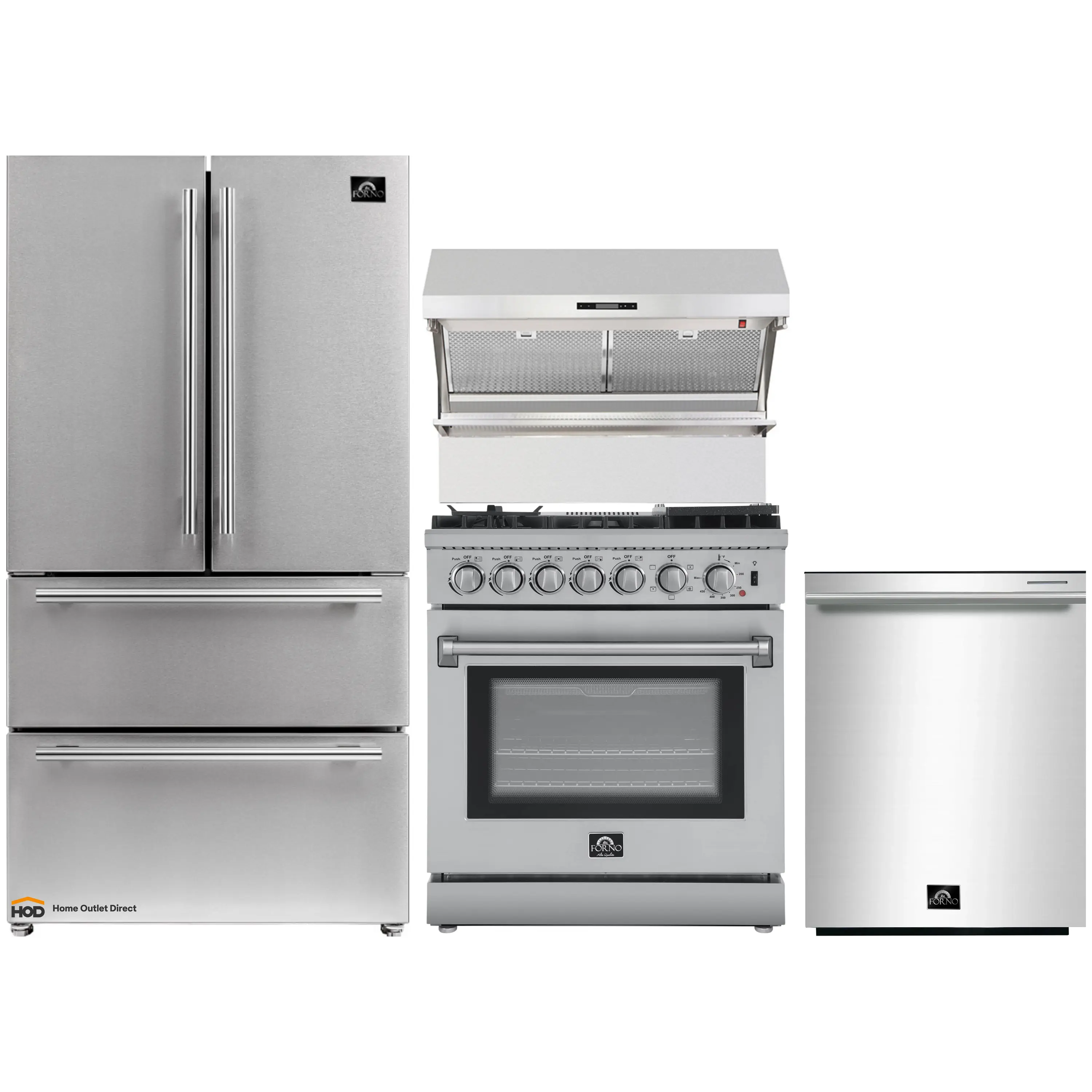 Forno 4-Piece Appliance Package - 30-Inch Dual Fuel Range with Air Fryer, Refrigerator, Wall Mount Hood with Backsplash, & 3-Rack Dishwasher in Stainless Steel