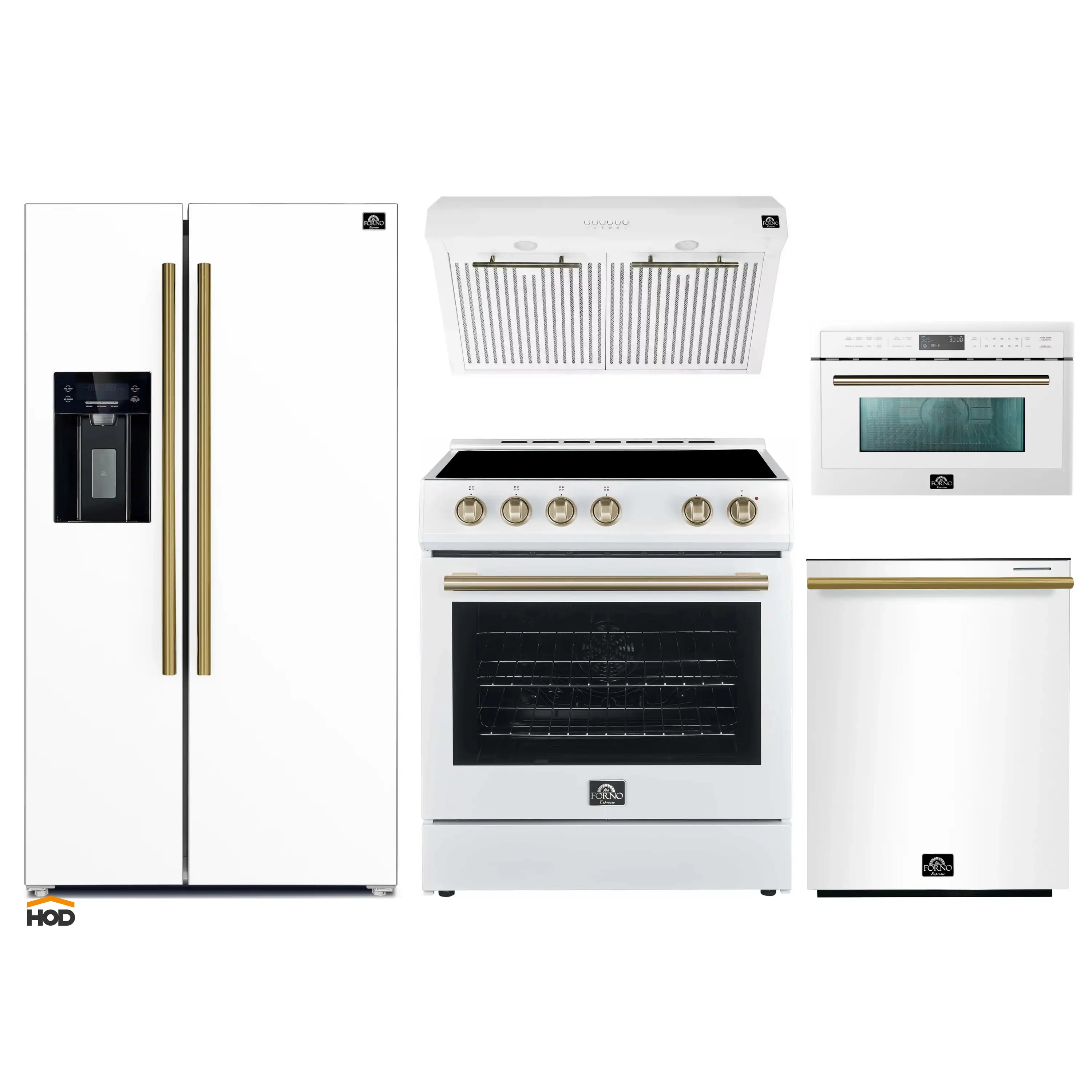 Forno 5-Piece Appliance Package - 30-Inch Electric Range, Under Cabinet Range Hood, Refrigerator with Water Dispenser, Dishwasher, and  30-Inch Microwave Oven in White with Antique Brass Trim