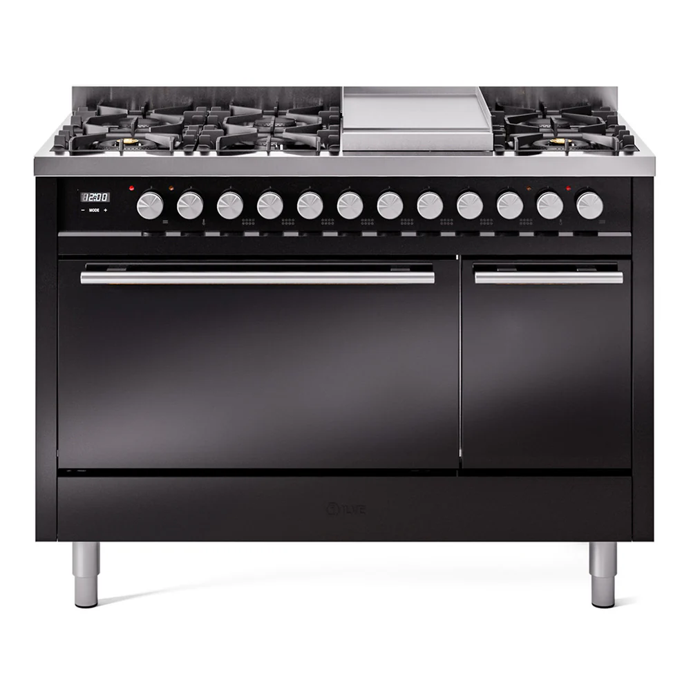 ILVE 48-Inch Professional Plus II Dual Fuel Range with 8 Burners, Griddle, and Solid Door Oven in Glossy Black (UP48FQMPBK)