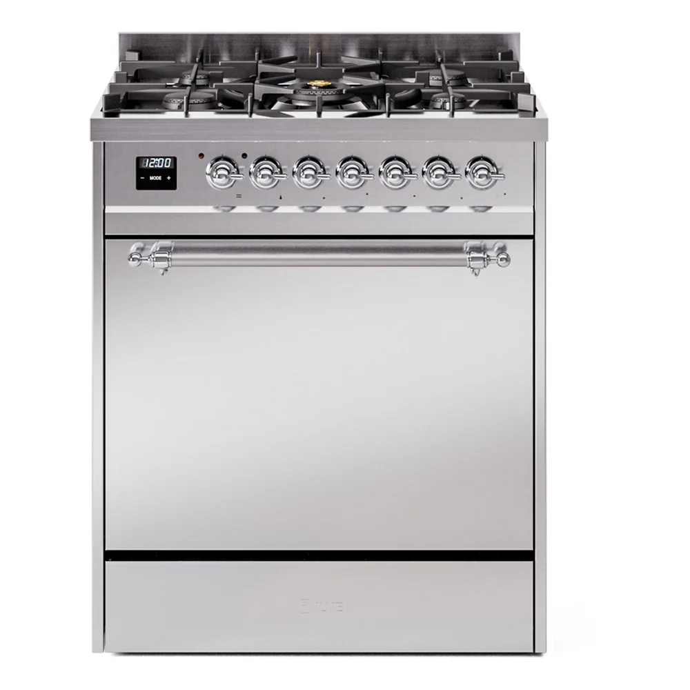 ILVE Nostalgie II 30-Inch Dual Fuel Range with Solid Door in Stainless Steel with Chrome Trim (UP30QNMPSSC)