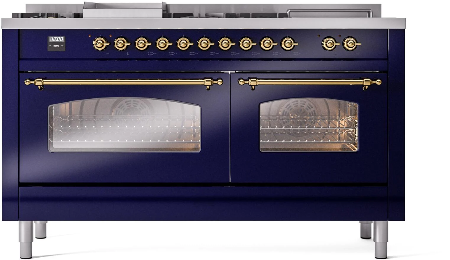 ILVE Nostalgie II 60-Inch Dual Fuel Range with 7 Burners, Griddle, & French Top with Triple Glass Door Oven in Midnight Blue with Brass Trim (UP60FSNMPMBG)