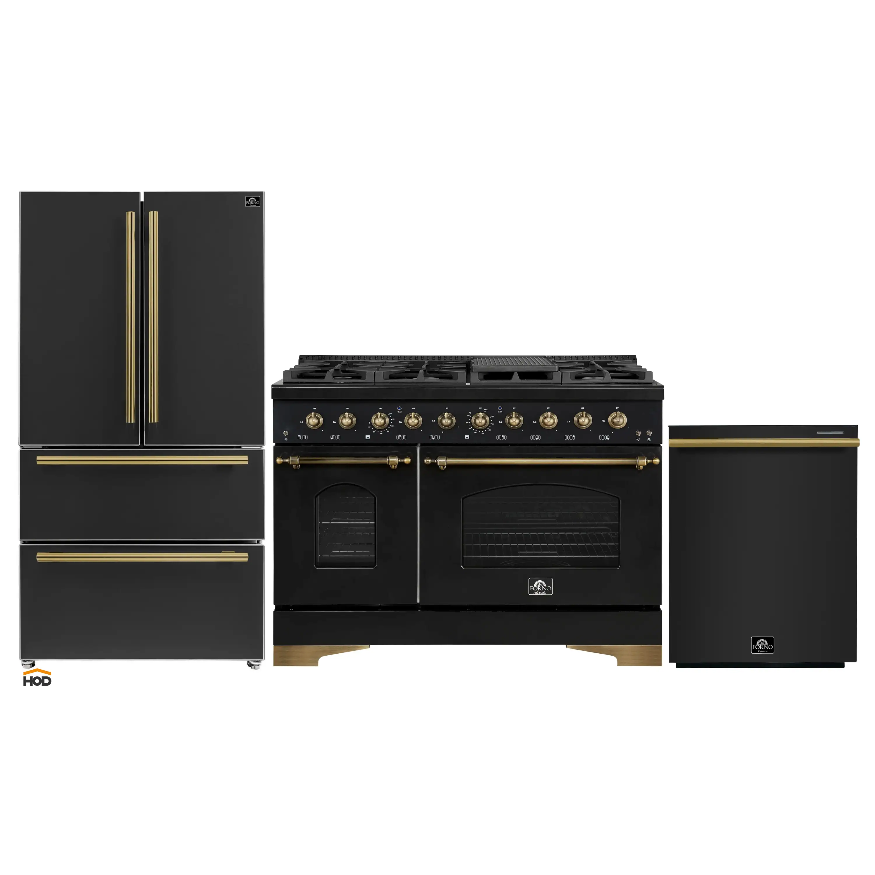 Forno Antico 3-Piece Appliance Package - 48-Inch Gas Range, 36-Inch Refrigerator, & 24-Inch Dishwasher in Black with Antique Brass Trim