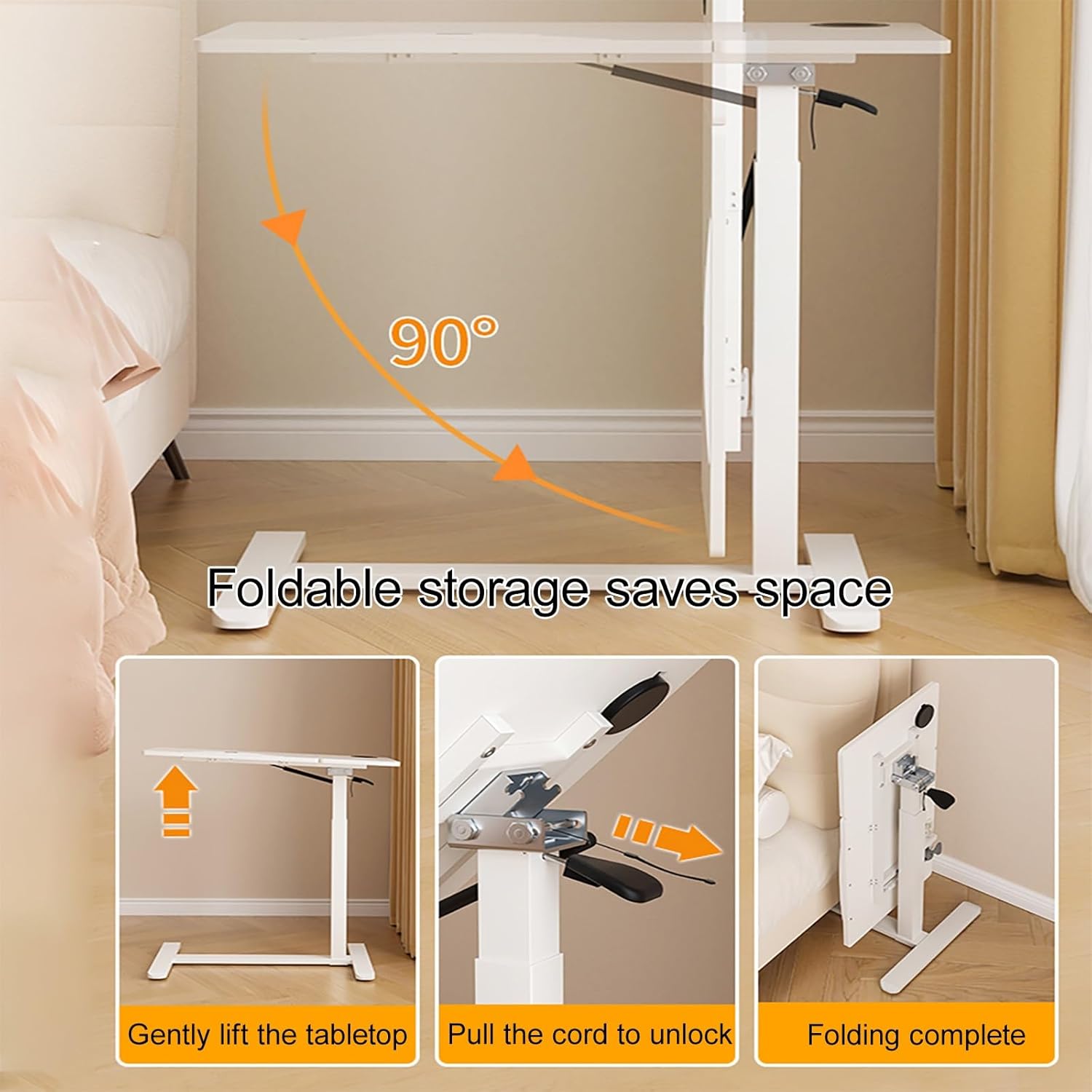 Pneumatic Adjustable Overbed Table, Solid Wood Overbed Bedside Table with Wheels, Hospital Bed Table Rolling Laptop Desk with Split Dual Desktop, for Hospital, Home Use(White)