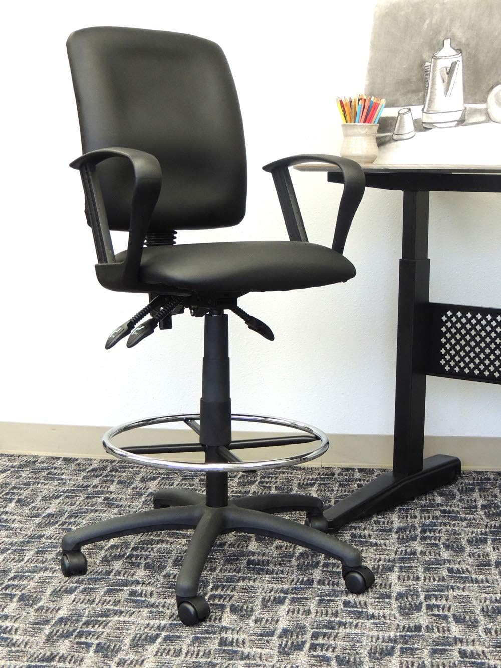BOSS Multi-Function Leatherplus Drafting Stool with Loop Arms, Black (B1647)