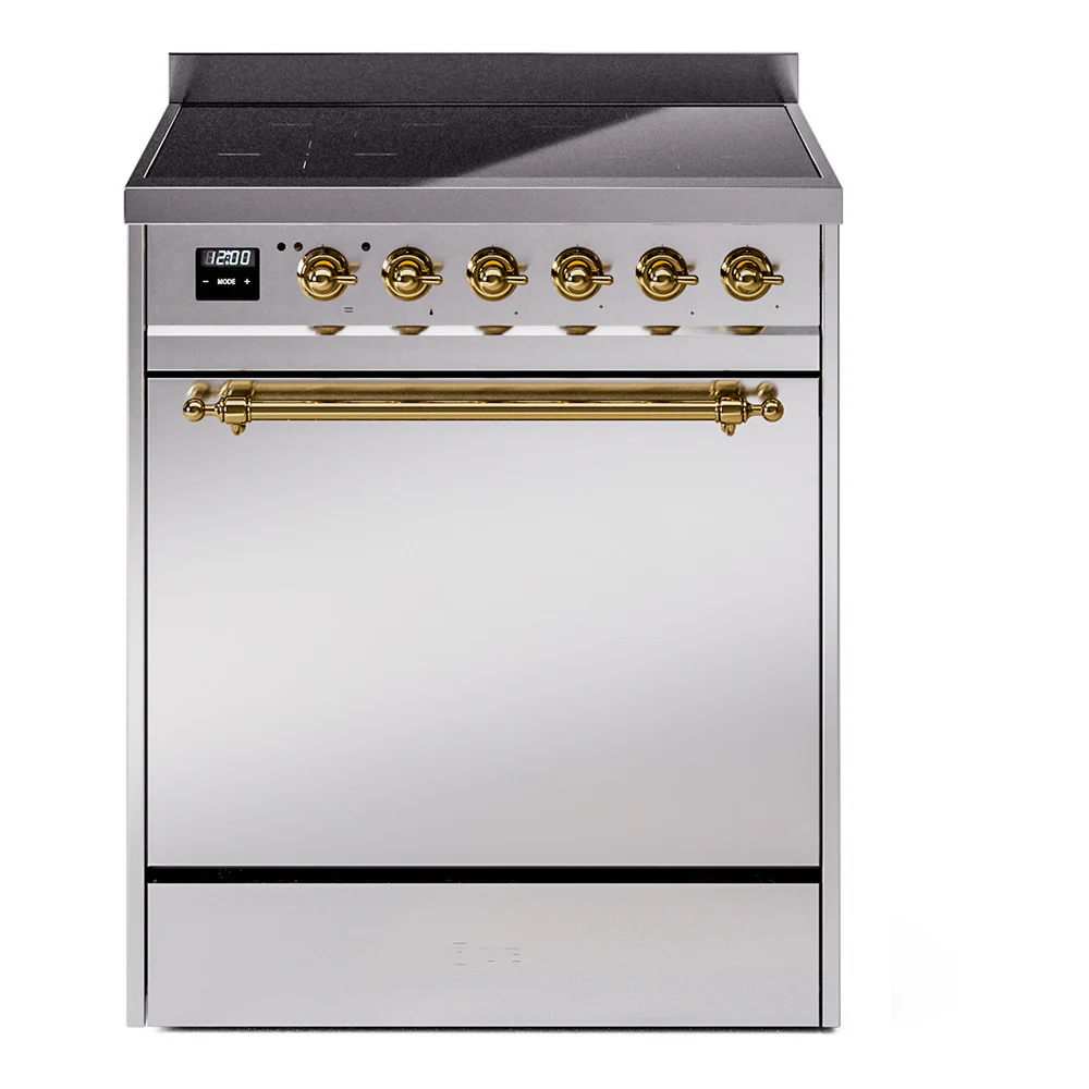 ILVE 30-Inch Nostalgie II Induction Range with Solid Door Oven in Stainless Steel with Brass Trim (UPI304QNMPSSG)