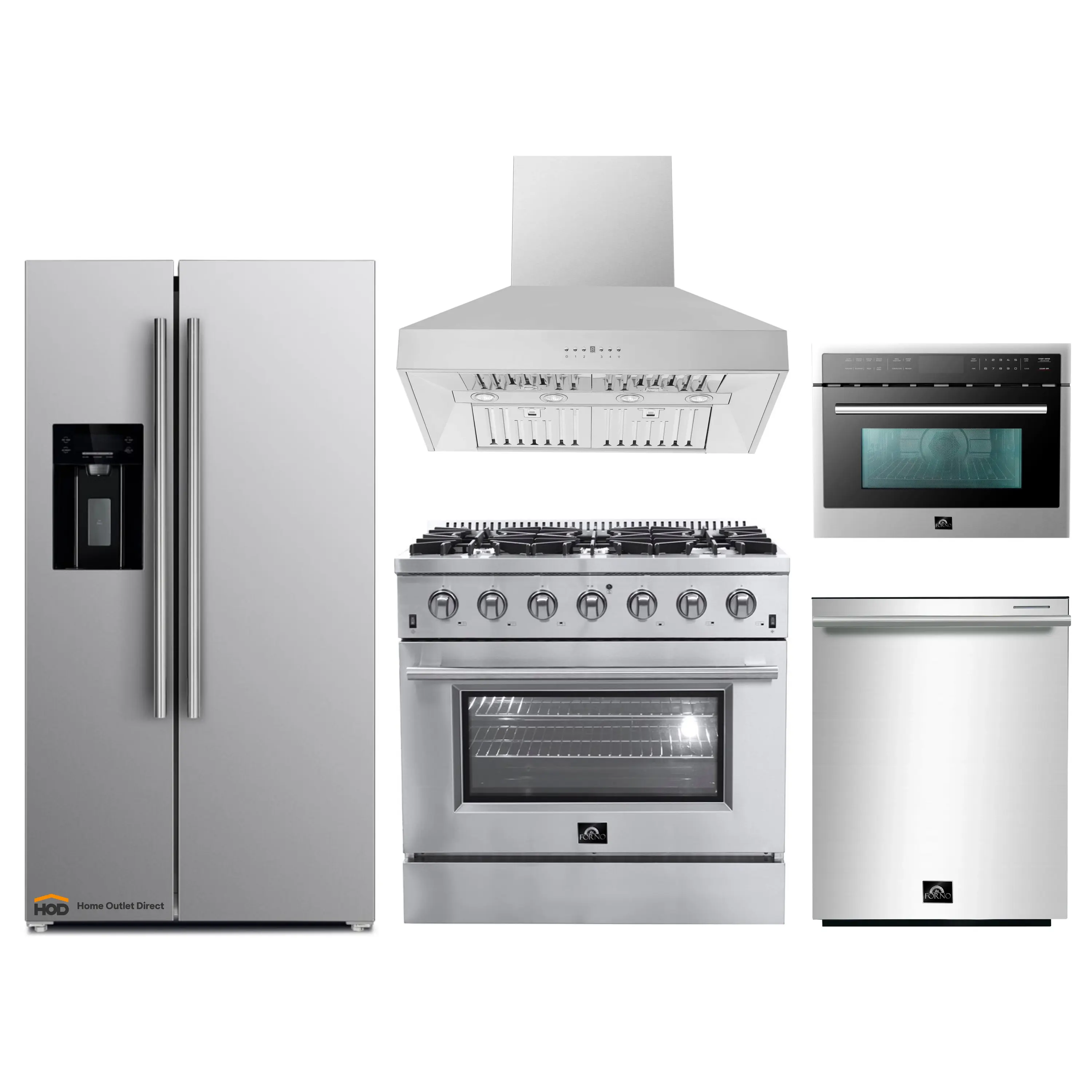 Forno 5-Piece Appliance Package - 36-Inch Gas Range, Refrigerator with Water Dispenser, Wall Mount Hood, 24-Inch Microwave Oven, & 3-Rack Dishwasher in Stainless Steel