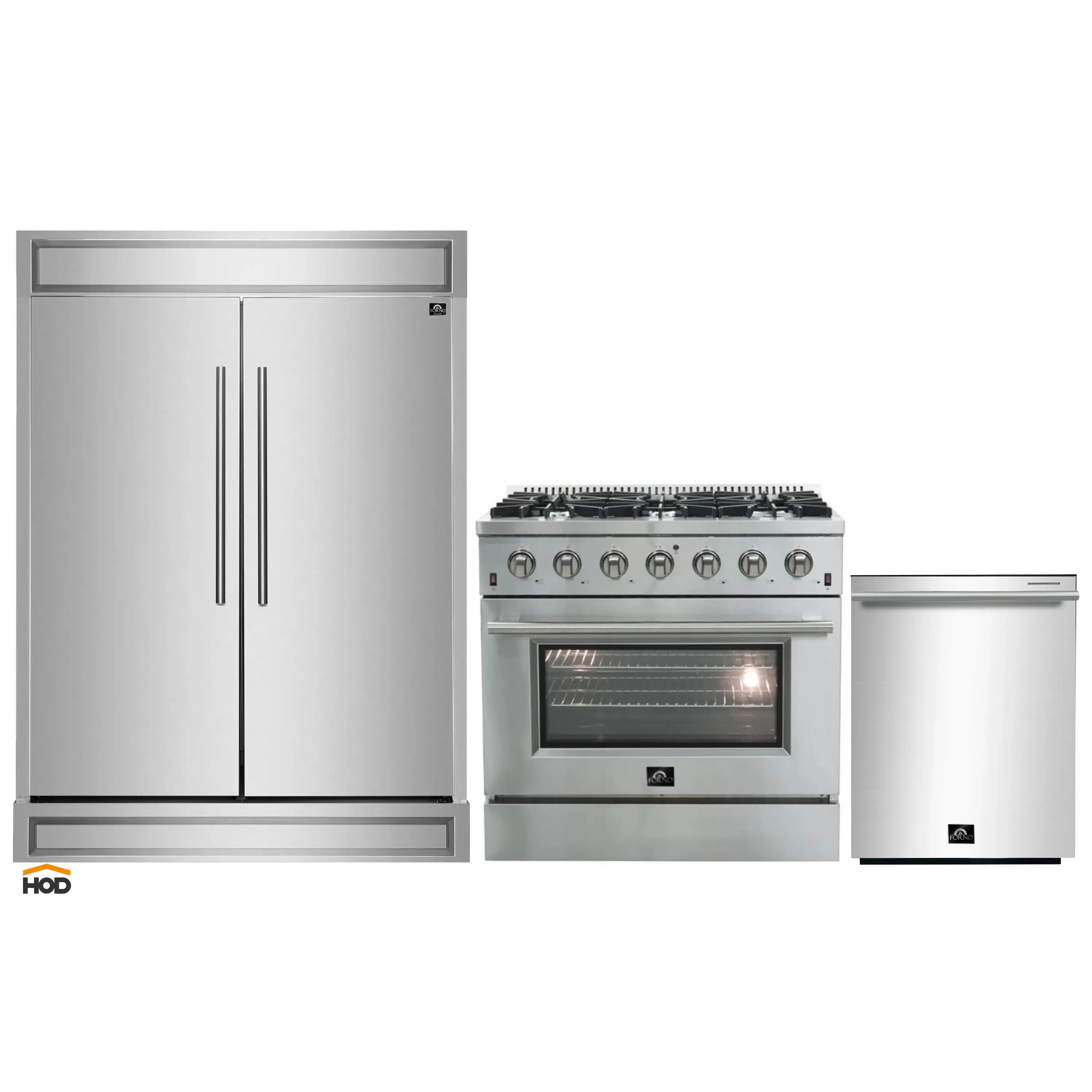 Forno 3-Piece Appliance Package - 36-Inch Gas Range, 60-Inch Refrigerator, and Dishwasher in Stainless Steel
