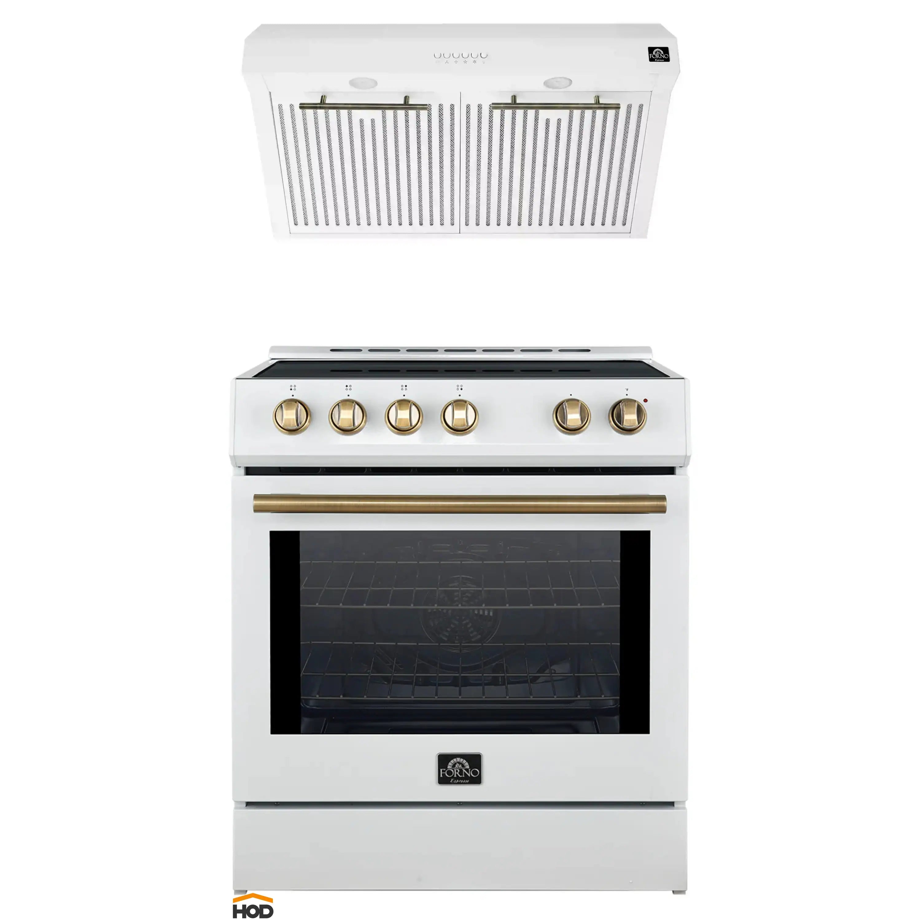 Forno 2-Piece Appliance Package - 30-Inch Induction Range, and Under Cabinet Range Hood in White with Antique Brass Trim