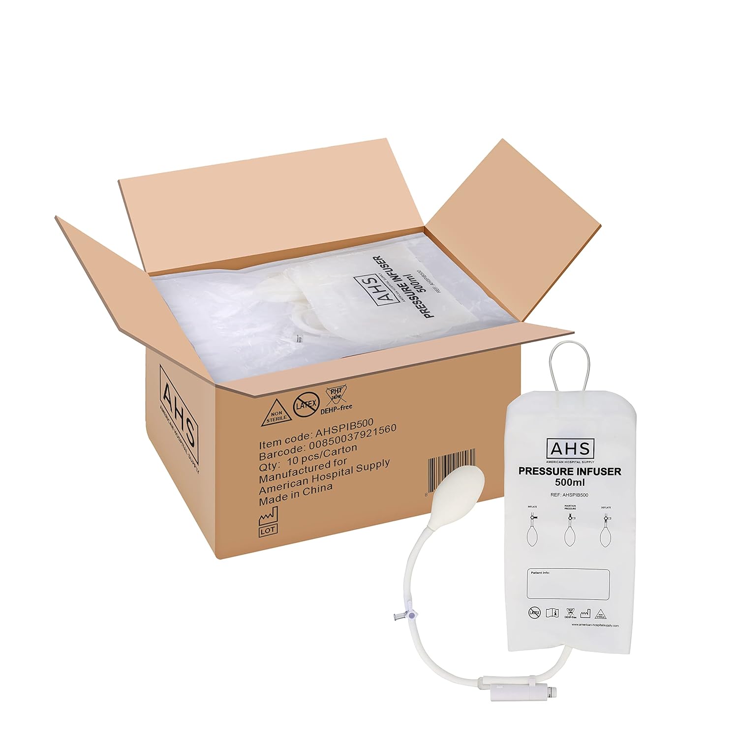 AHS American Hospital Supply Medical Pressure Infusor Bag 500ml IV Pole Infusion Sack with 3 Way Stopcock Smart Design and Easy to Use | Medical Supplies & Equipment (Pack of 10)