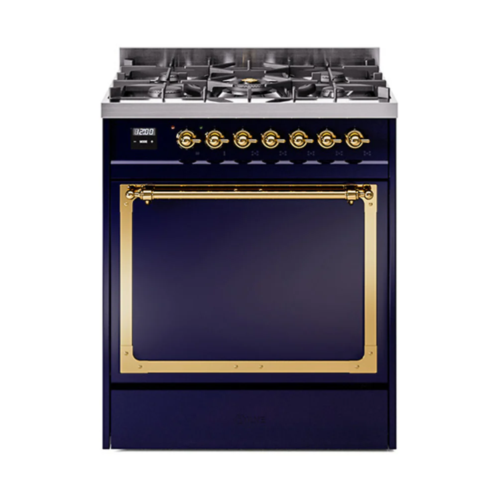 ILVE Nostalgie II Noblesse 30-Inch Dual Fuel Range with Solid Door in Midnight Blue with Brass Trim (UN30QNMPMBG)