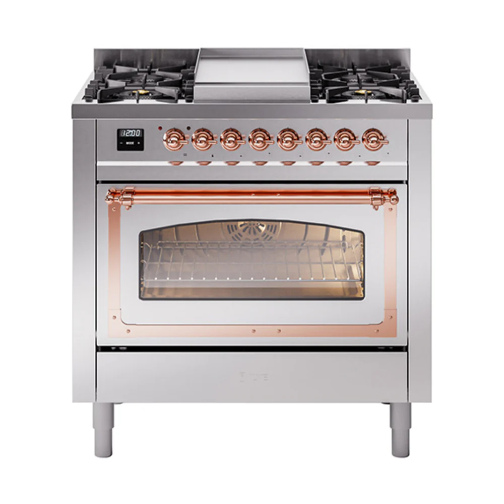 ILVE Nostalgie II Noblesse 36-Inch Dual Fuel Range and Triple Glass Door in Stainless Steel with Copper Trim (UN36FNMPSSP)