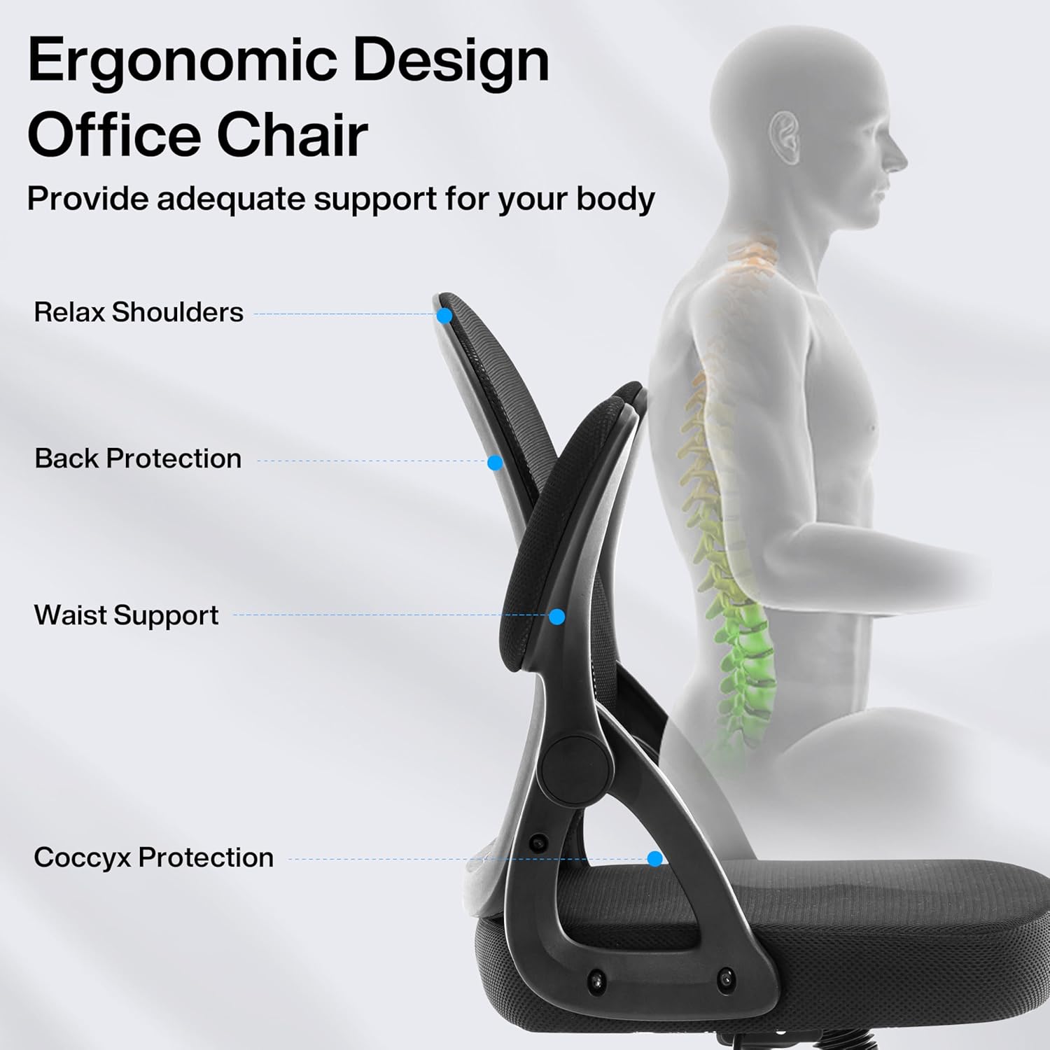 Fizzin Ergonomic Office Desk Chair, Mesh Computer Chair with Adjustable Comfy Flip-up Armrests and Adjustable Lumbar Support, Executive Chairs for Home, Bedroom, Study, Student(6PCS)