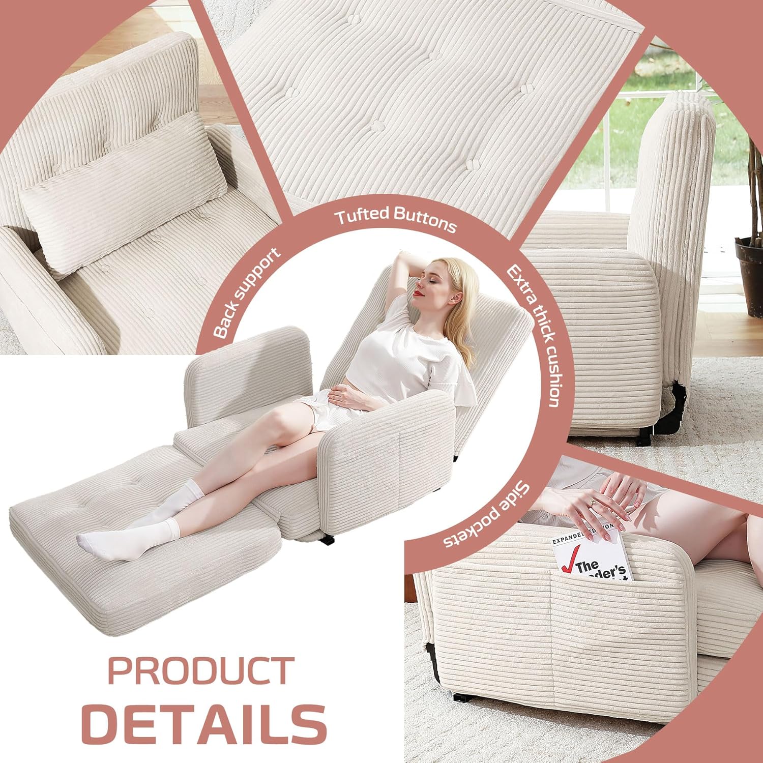 HomeMiYN Adjustable Folding Sofa Bed, Multifunctional Bean Bag Bed, 5-Position Back Support Convertible Lazy Sleeper Chair with Pillow, Adults Lounge Couch with arms, for Living Room, Bedroom,Beige