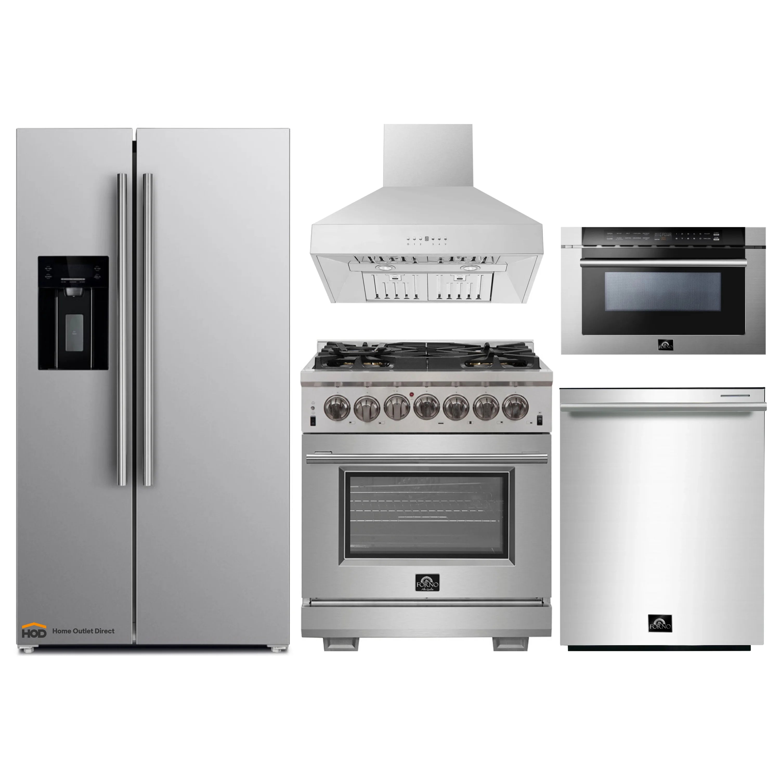 Forno 5-Piece Pro Appliance Package - 30-Inch Dual Fuel Range, Refrigerator with Water Dispenser, Wall Mount Hood, 24-Inch Microwave Drawer, & 3-Rack Dishwasher in Stainless Steel