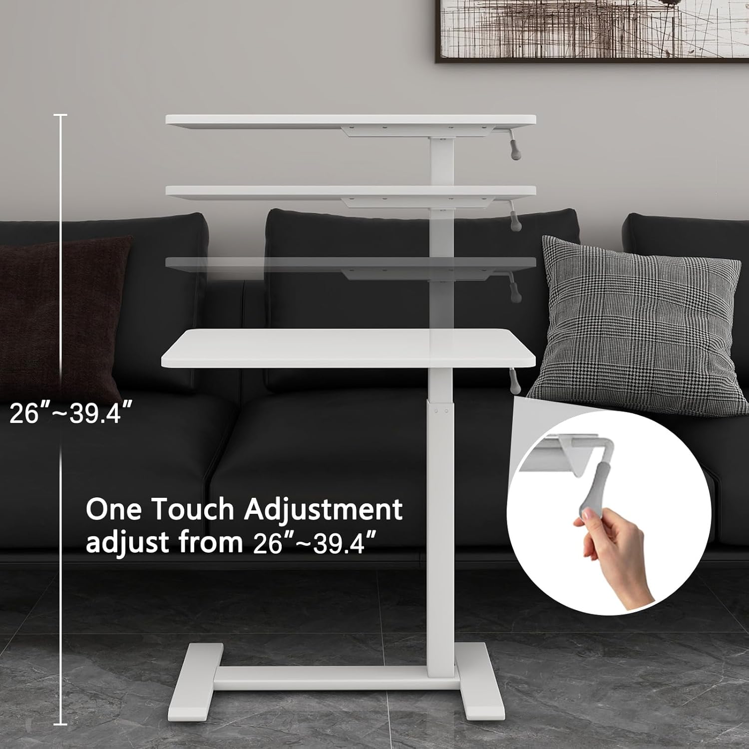 PUNCIA Medical Overbed Table with Pneumatic Lift and Hidden Casters Mobile Laptop Desk and Rolling Computer Cart – Height Adjustable Bedside Table for Hospital Recovery Home Office or Bedroom Use