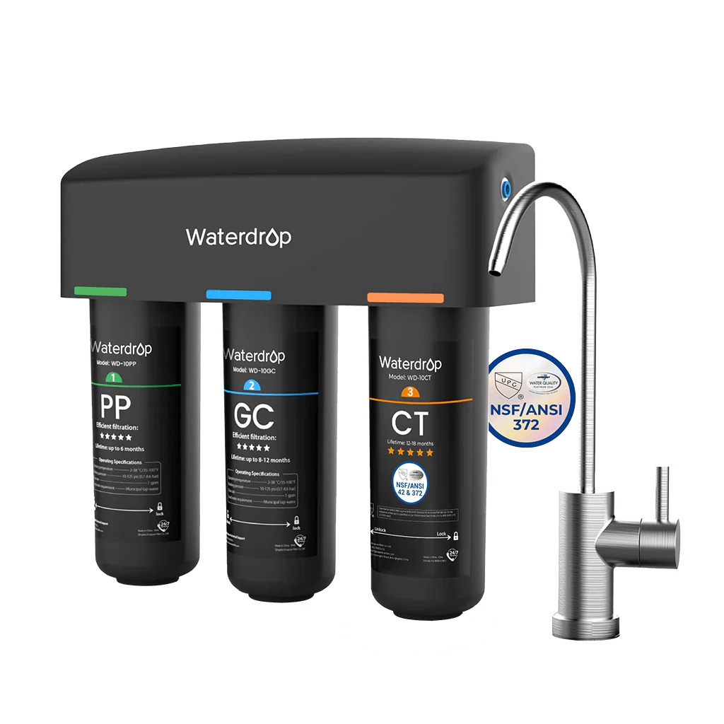 Waterdrop Under Sink Water Filter System 9 Stage Filtration, NSF/ANSI 42 Certified Element, Reduces Chloramine, Chlorine, with Brushed Nickel Faucet (RP-WD-TSB-10-N)
