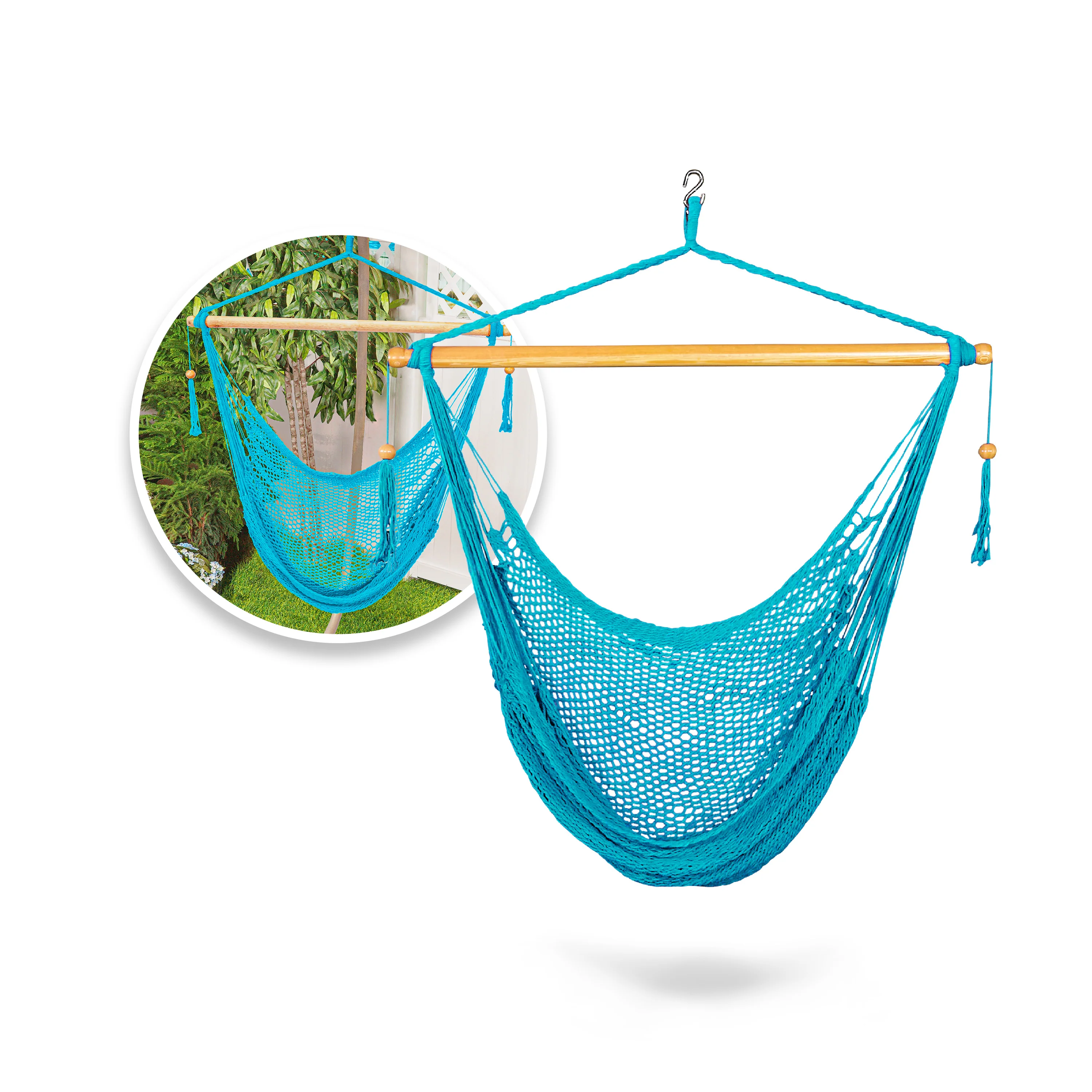 Bliss Hammocks BHC-412LB Island Rope Hammock Chair W/ Spreader Bar & Hanging Hardware | 40-in. Wide | 265 Lb. Capacity (Light Blue)