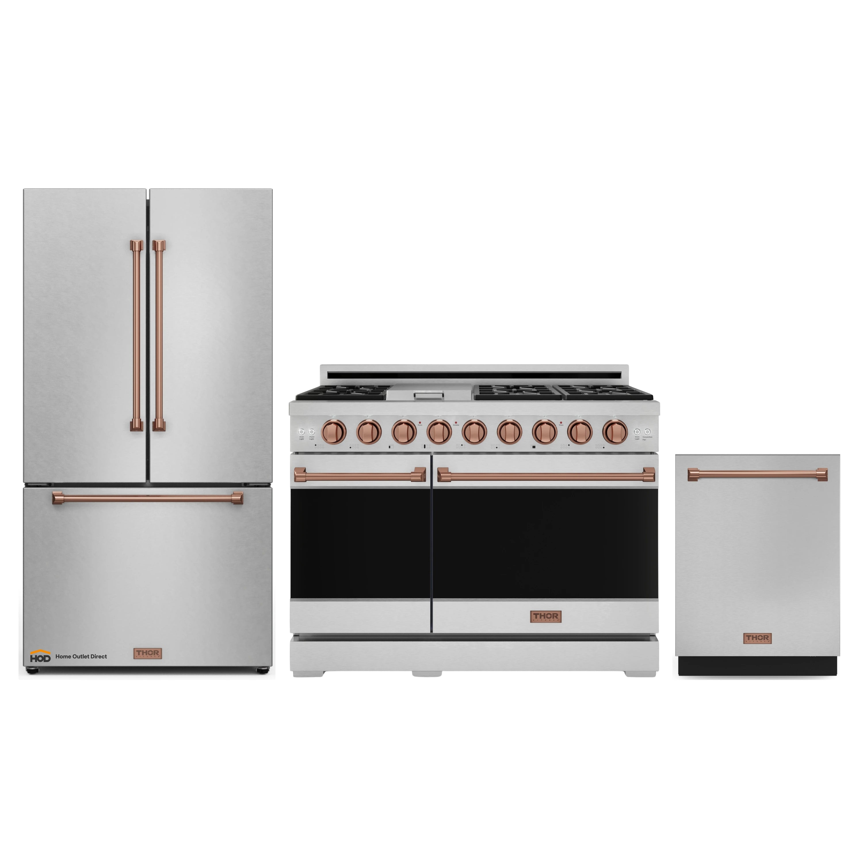 Gordon Ramsay by Thor Kitchen 3-Piece Appliance Package - 48-Inch Gas Range with Double Oven, 36-Inch Refrigerator, and Dishwasher in Stainless Steel with Rose Gold Trim