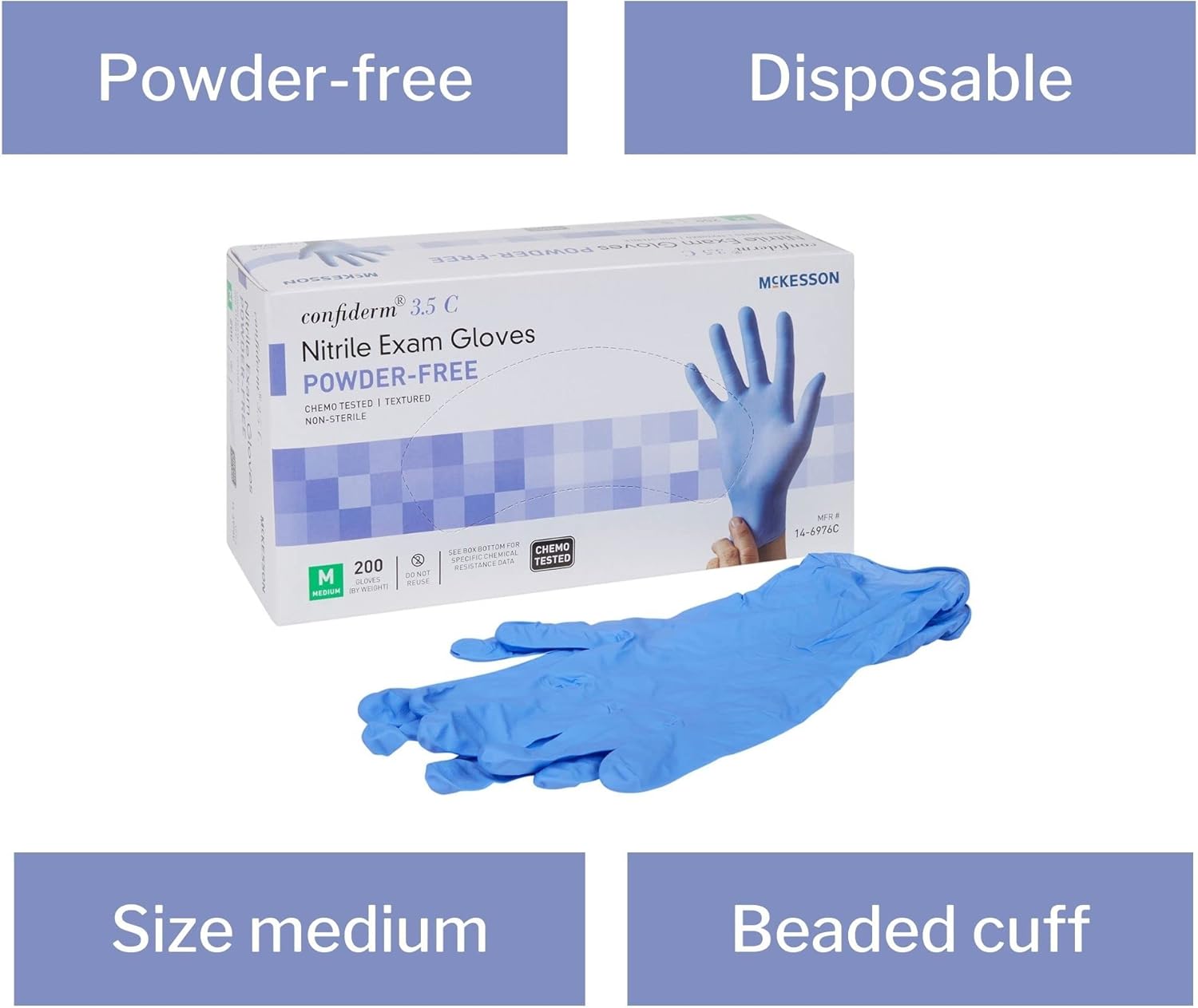 McKesson Confiderm 3.5C Nitrile Latex-Free MED Exam Gloves, Medium, Chemo Tested, Powder-Free, 200/BX (CASE of 10)
