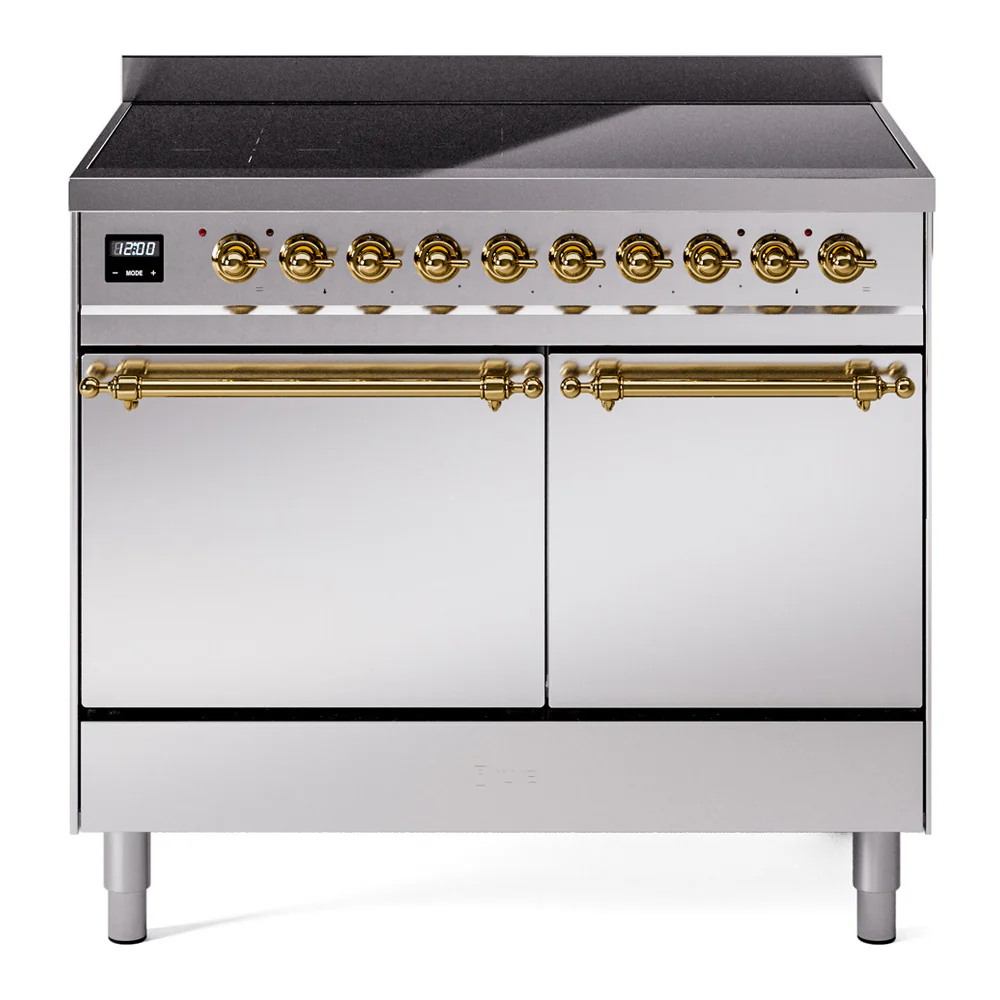 ILVE 40-Inch Nostalgie II Induction Range with Solid Door Oven in Stainless Steel with Brass Trim (UPDI406QNMPSSG)