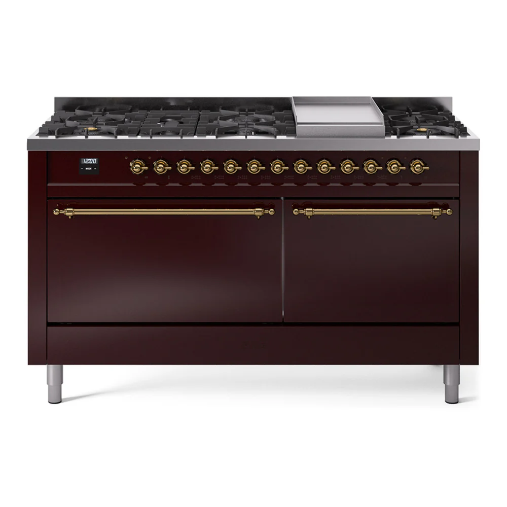 ILVE 60-Inch Nostalgie II Dual Fuel Range with 9 Burners, Griddle and Solid Door Oven in Burgundy with Brass Trim (UP60FQNMPBUG)