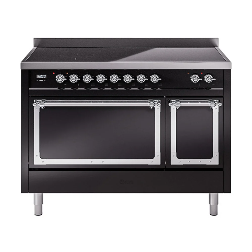 ILVE Nostalgie II Noblesse 48-Inch Induction Range with Solid Door Oven in Glossy Black with Chrome Trim (UNI486QNMPBKC)