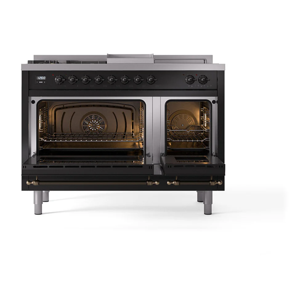 ILVE 48-Inch Nostalgie II Noblesse Dual Fuel Range with 5 Sealed Burners, Griddle, French Top and Solid Door Oven in Glossy Black with Bronze Trim (UN48FSQNMPBKB)