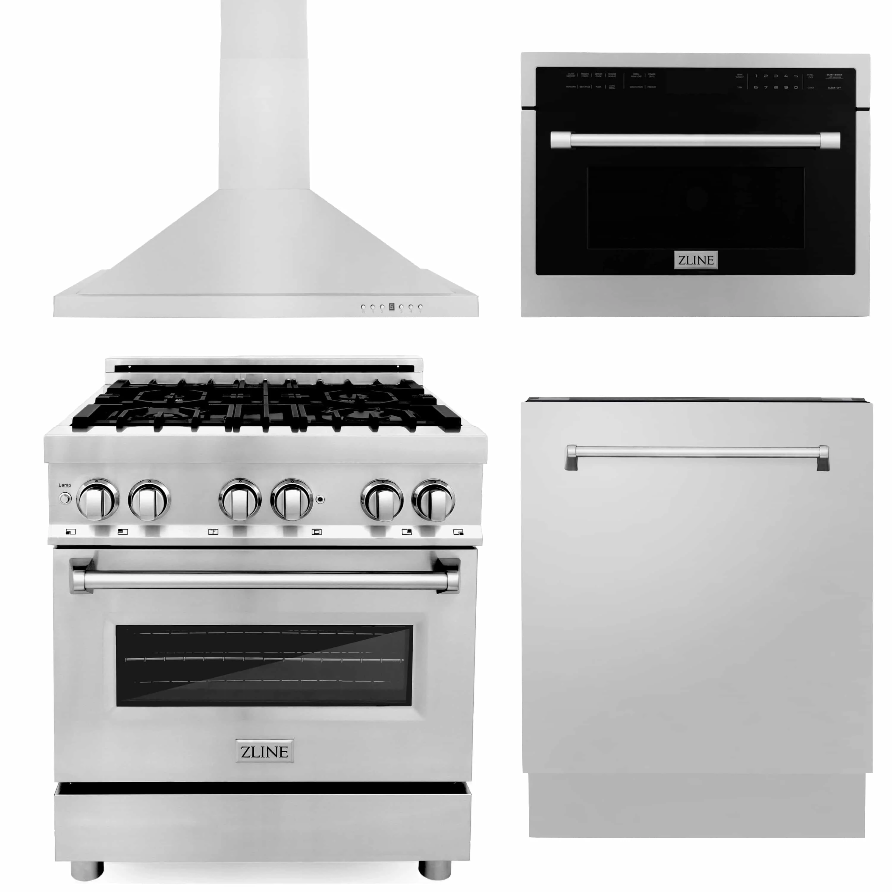 ZLINE 4-Piece Appliance Package - 30-Inch Dual Fuel Range, Tall Tub Dishwasher, Microwave Oven & Premium Hood (4KP-RARH30-MODWV)