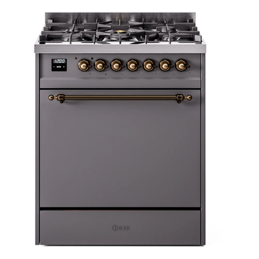 ILVE Nostalgie II 30-Inch Dual Fuel Range with Solid Door in Matte Graphite with Bronze Trim (UP30QNMPMGB)