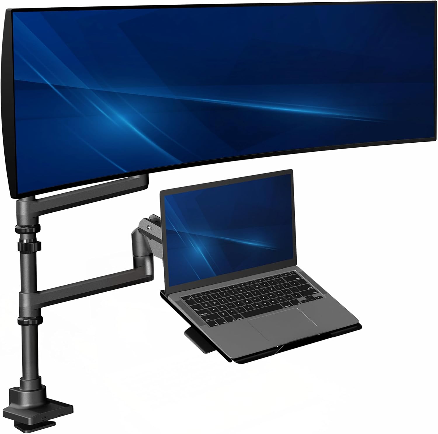 VIVO Pneumatic Arm Ultrawide Monitor Extra Tall Desk Mount for Up to 49 inch Screens and Laptop Tray for Up to 17 inch Notebooks, Holds Ultra-Wides Up to 44 lbs, Black, STAND-V120K-L