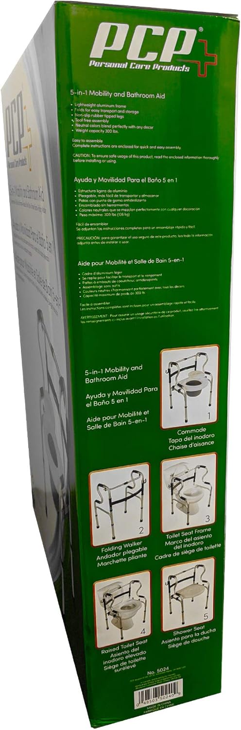 PCP Dual Folding 5-in-1 Bathroom Mobility & aid Commode Walker seat, Height Adjustable Daily Living aid, Regular