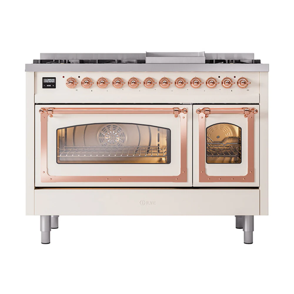 ILVE Nostalgie II Noblesse 48-Inch Dual Fuel Freestanding Range in Antique White with Copper Trim (UN48FNMPAWP)