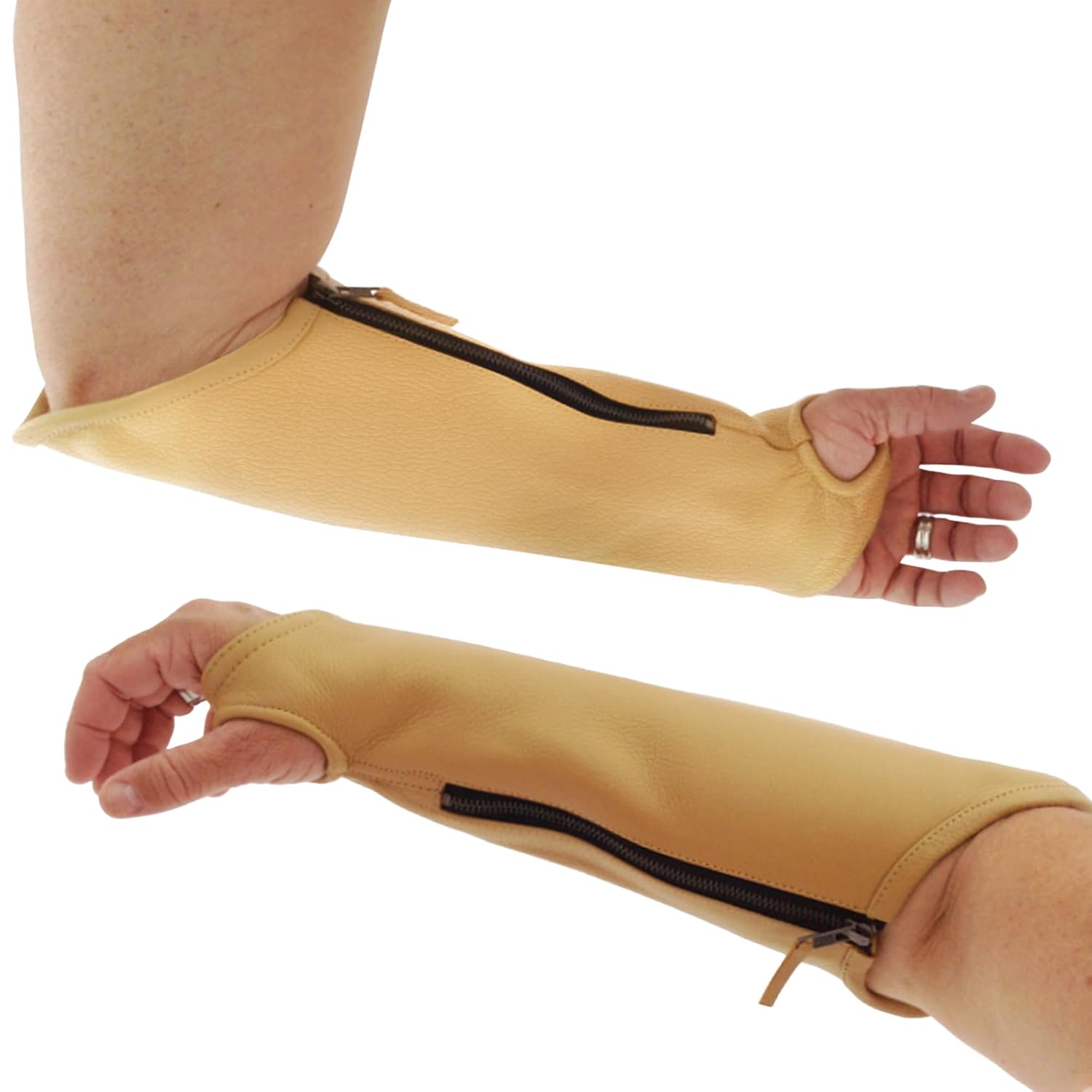 Arm Chaps Extended Elbow Leather Arm Guard - Arm Sleeve Protectors for Thin Skin and Bruising, Scratches & Cuts - Protective Arm Sleeve for Any Age- Left & Right Form-Fitting - Tan (1Pair/X-Small).