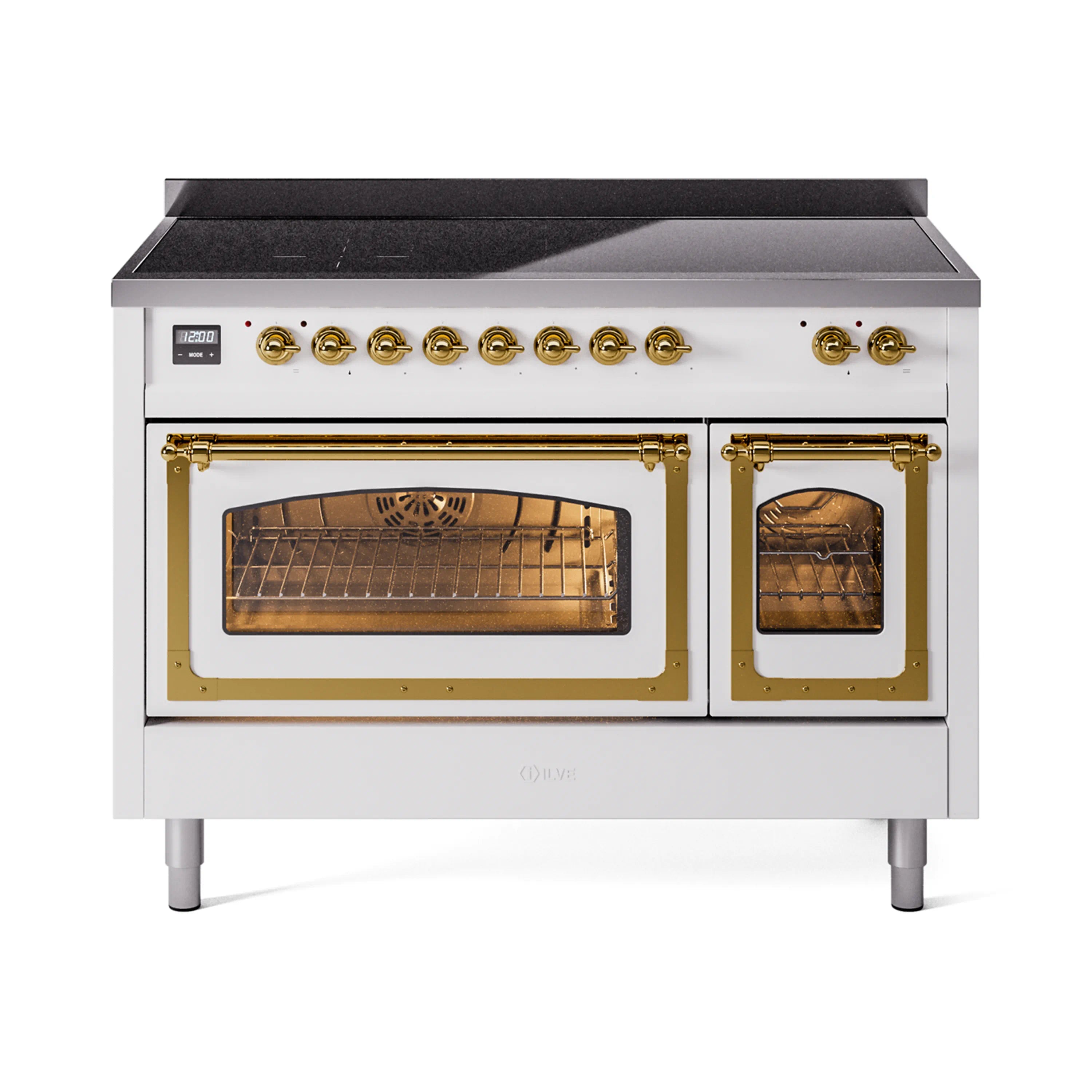 ILVE Nostalgie II Noblesse 48-Inch Induction Range with Triple Glass Door in White with Brass Trim (UNI486NMPWHG)