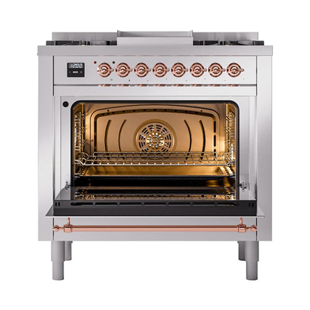 ILVE 36-Inch Nostalgie II Dual Fuel Range with 6 Burners and Solid Door Oven in Stainless Steel with Copper Trim (UP36FQNMPSSP)