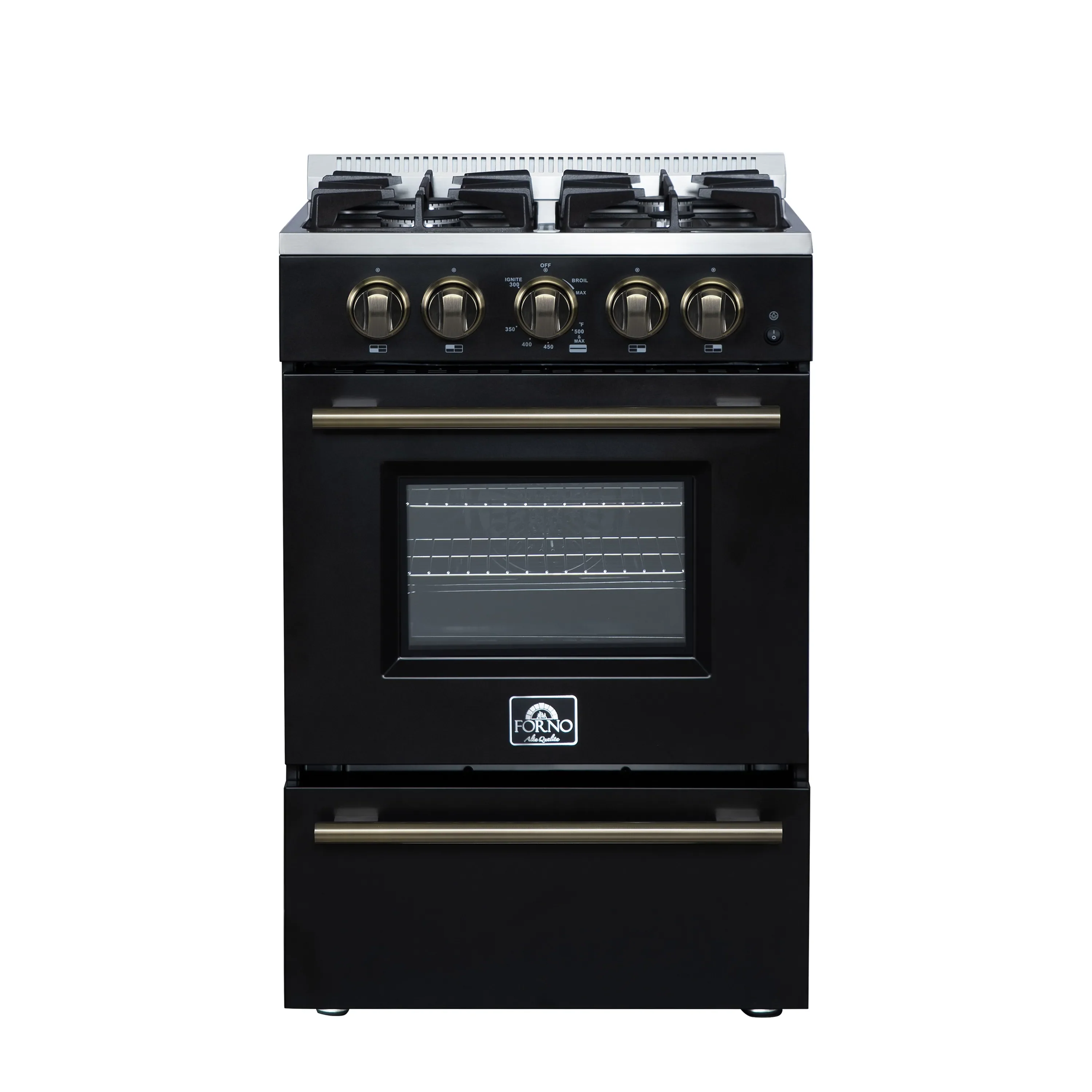Forno Breno 24-Inch Freestanding Gas Range in Black with Antique Brass Trim (FFSGS6272-24BLK)