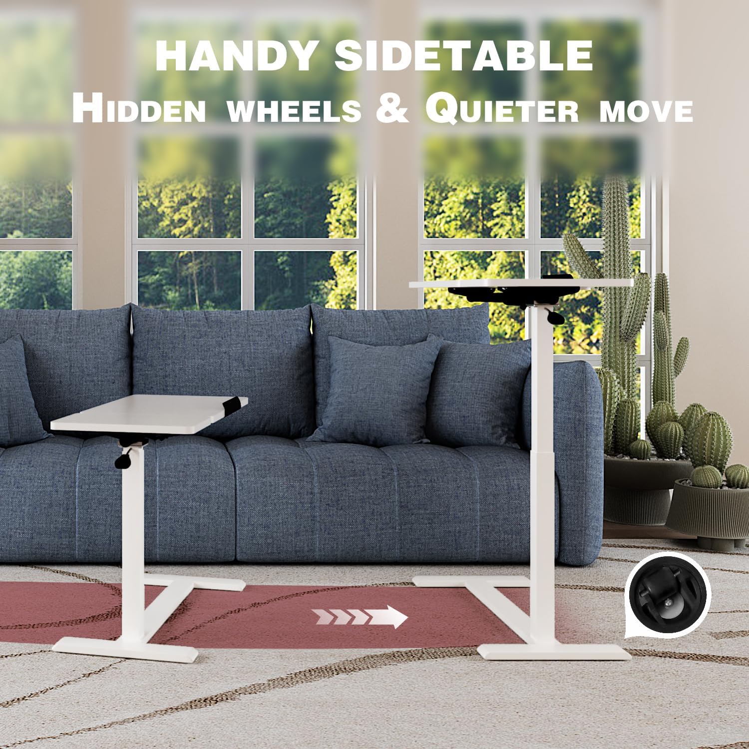 Adjustable Overbed Bedside Table with Wheels Pneumatic Mobile Standing Laptop Desk Rolling Computer Cart Movable Couch Desk Hospital Home Use, White