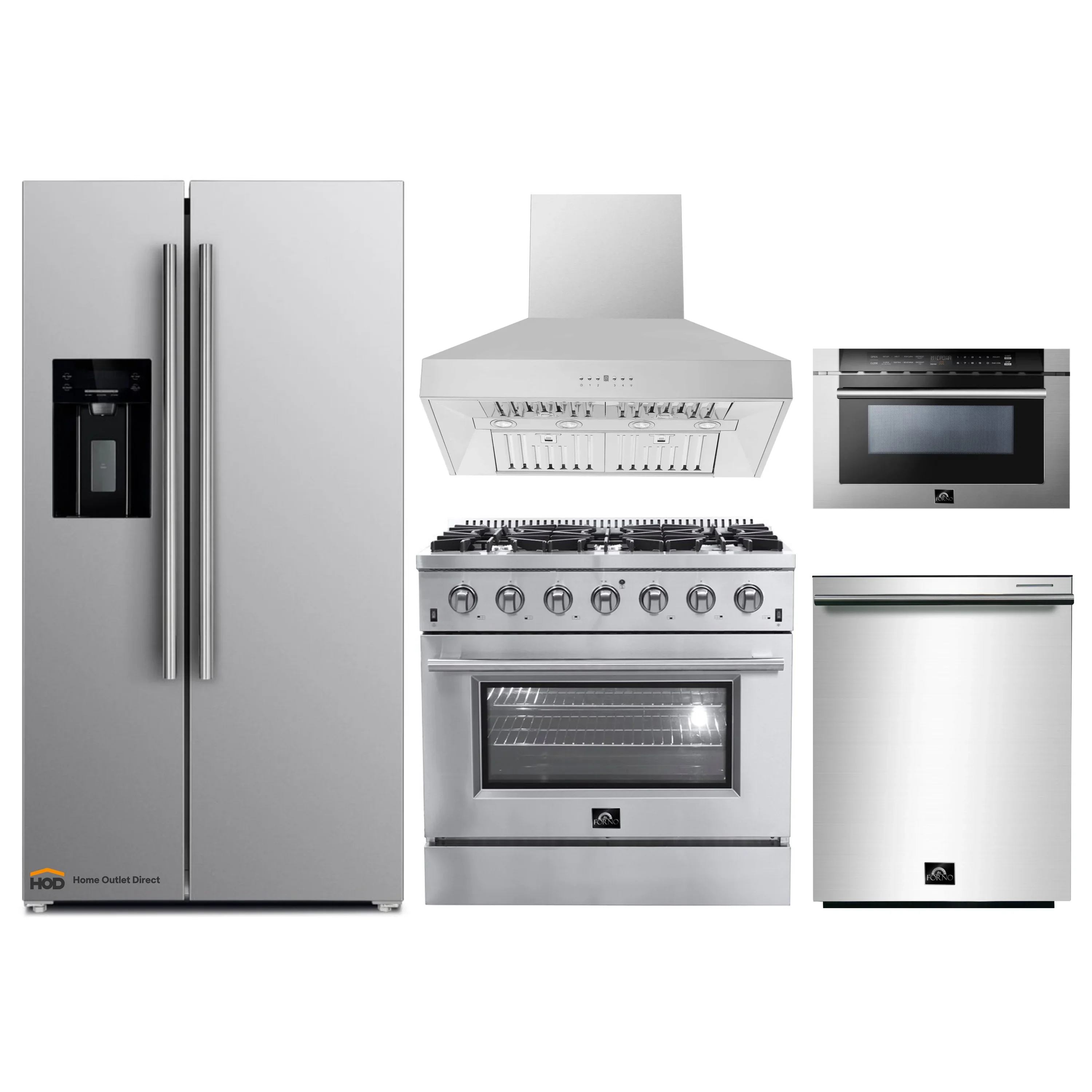Forno 5-Piece Appliance Package - 36-Inch Gas Range, Refrigerator with Water Dispenser, Wall Mount Hood, 24-Inch Microwave Drawer, & 3-Rack Dishwasher in Stainless Steel