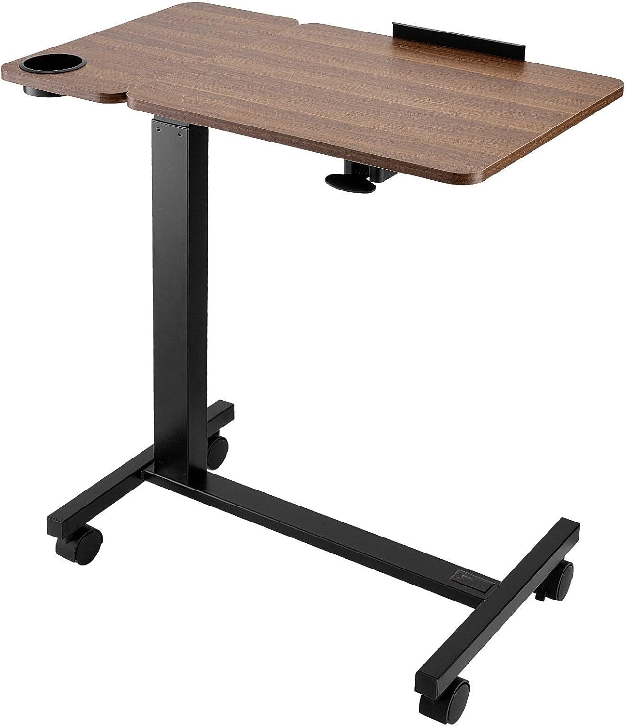 Overbed Table, Mobile Bedside Table with Wheels - Adjustable Height & Tilt Laptop Desk, Rolling Over Bed Table with Cup Holder for Home Office Study - Wood & Black