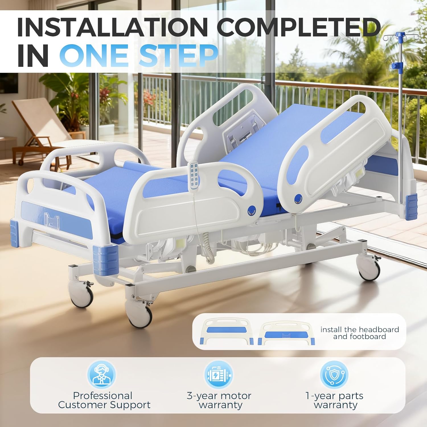 5 Function Full Electric Hospital Bed, 600LBS Adjustable Hospital Beds for Home Use, Medical Bed for Seniors with Mattress, IV Pole, Frame, Special Needs Beds, Medical Equipment