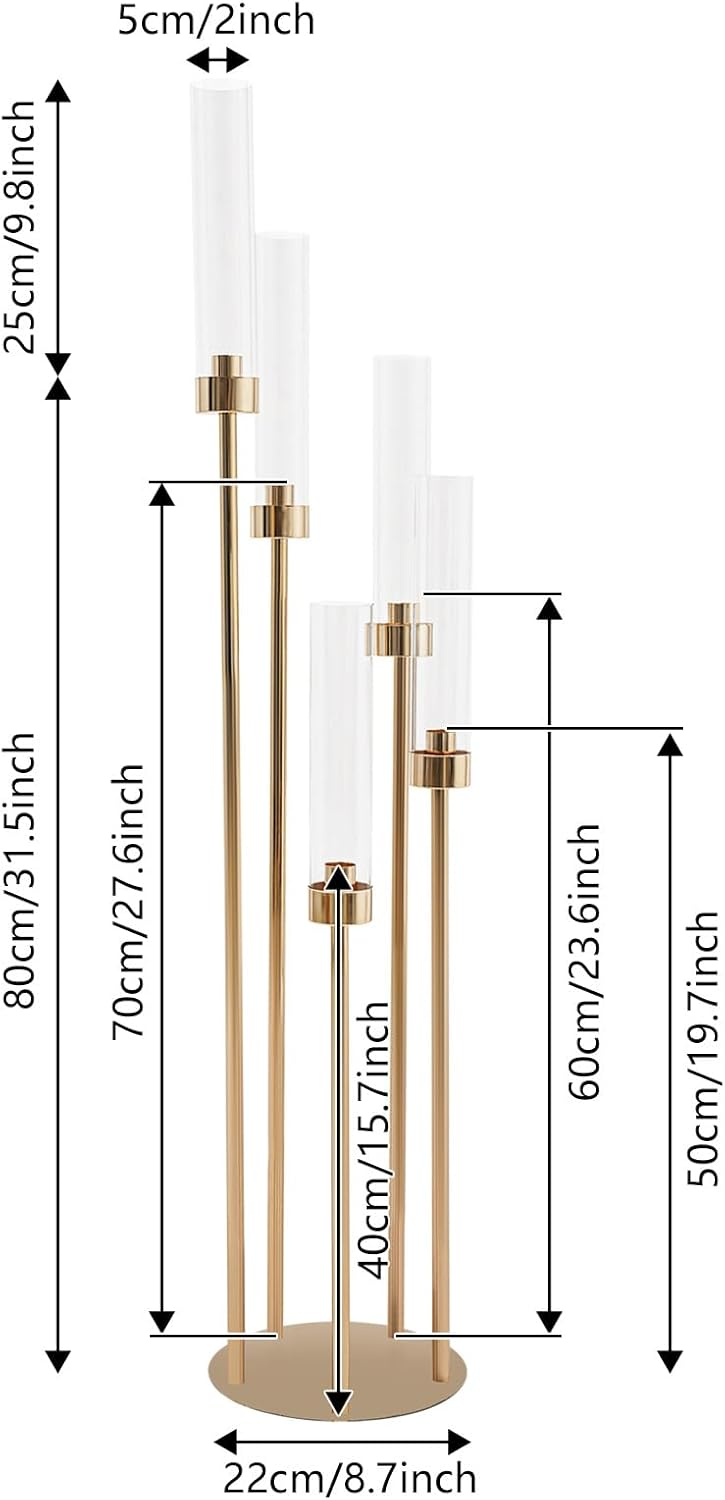 4PCS Gold Floor Candelabra, 5 Arm Tall Candle Holder with Acrylic Lampshade, Candelabra Centerpieces Decor for Table Candlestick Holder for Wedding Birthday Party Fit LED Candle (4PCS Gold)