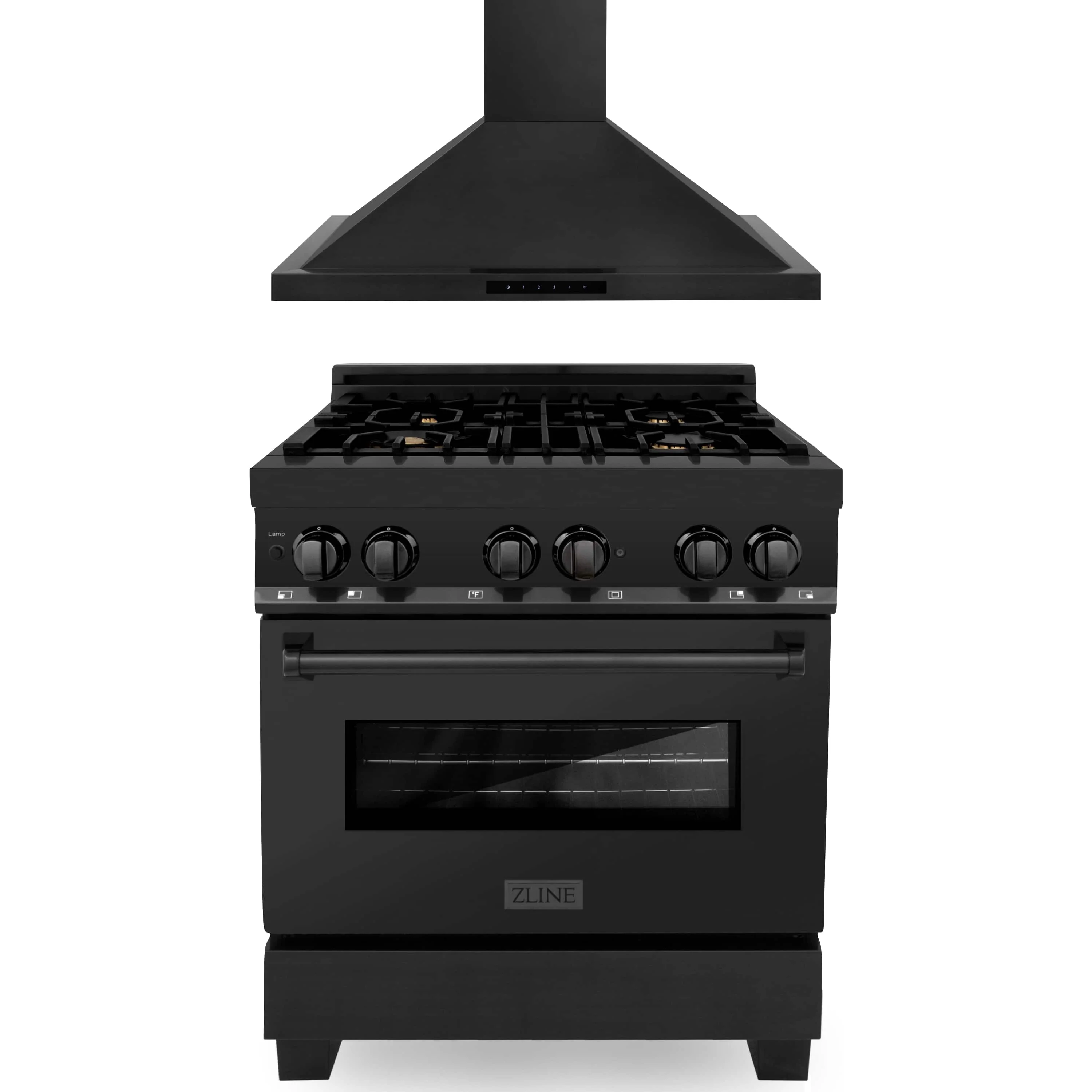 ZLINE 2-Piece Appliance Package - 30-Inch Dual Fuel Range with Brass Burners & Convertible Wall Mount Hood in Black Stainless Steel (2KP-RABRH30)