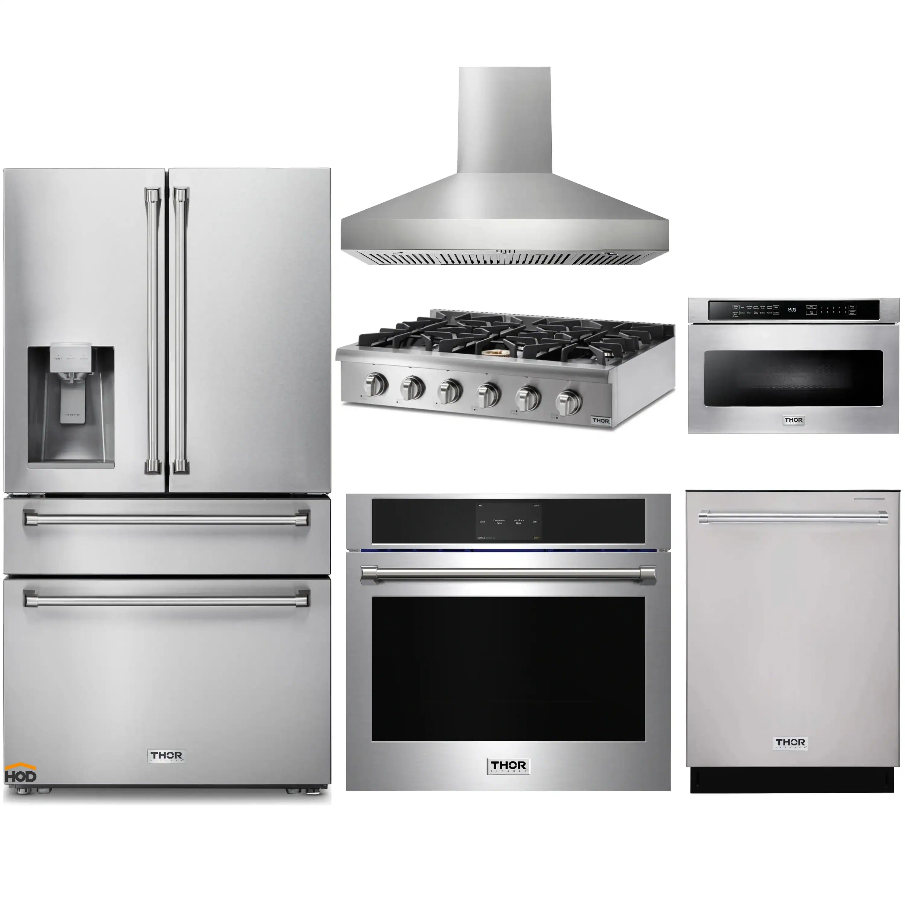 Thor Kitchen 6-Piece Pro Appliance Package - 36-Inch Rangetop, Electric Wall Oven, Pro-Style Wall Mount Hood, Refrigerator with Water Dispenser, Dishwasher, & Microwave in Stainless Steel