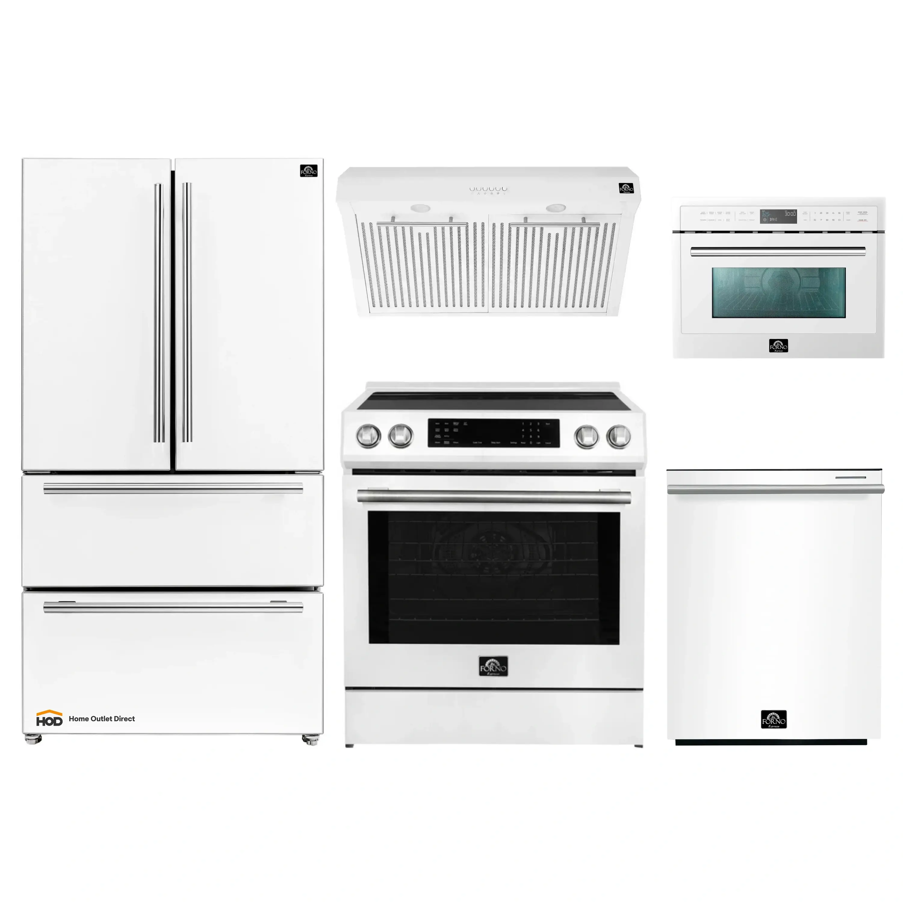 Forno 5-Piece Appliance Package - 30-Inch Inducton Range, Under Cabinet Range Hood, Refrigerator, Dishwasher, and  24-Inch Microwave Oven in White with Stainless Steel Trim