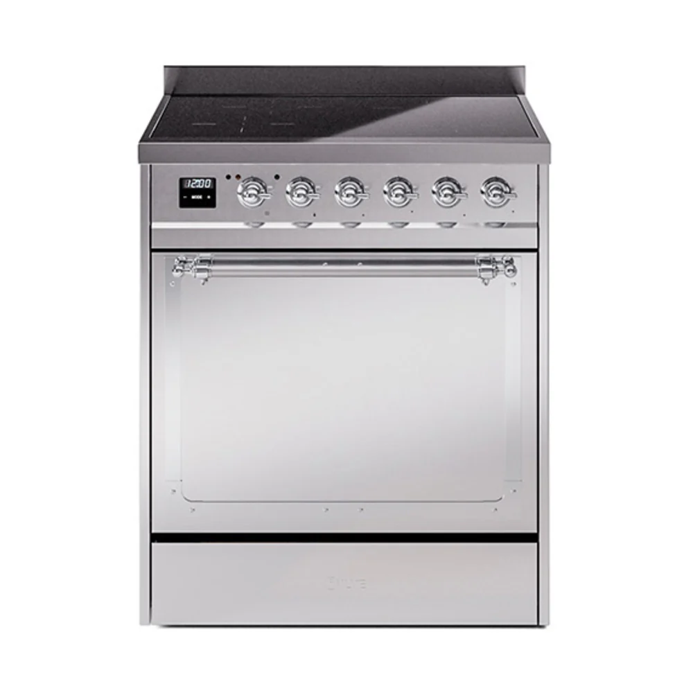 ILVE 30-Inch Nostalgie II Noblesse Induction Range with Solid Door Oven in Stainless Steel with Chrome Trim (UNI304QNMPSSC)