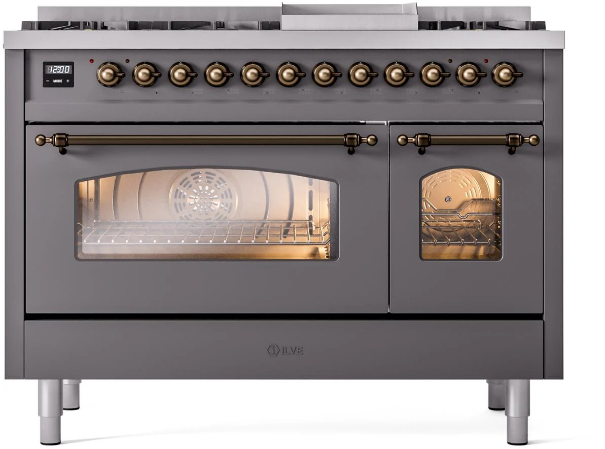 ILVE Nostalgie II 48-Inch Dual Fuel Freestanding Range in Matte Graphite with Bronze Trim (UP48FNMPMGB)