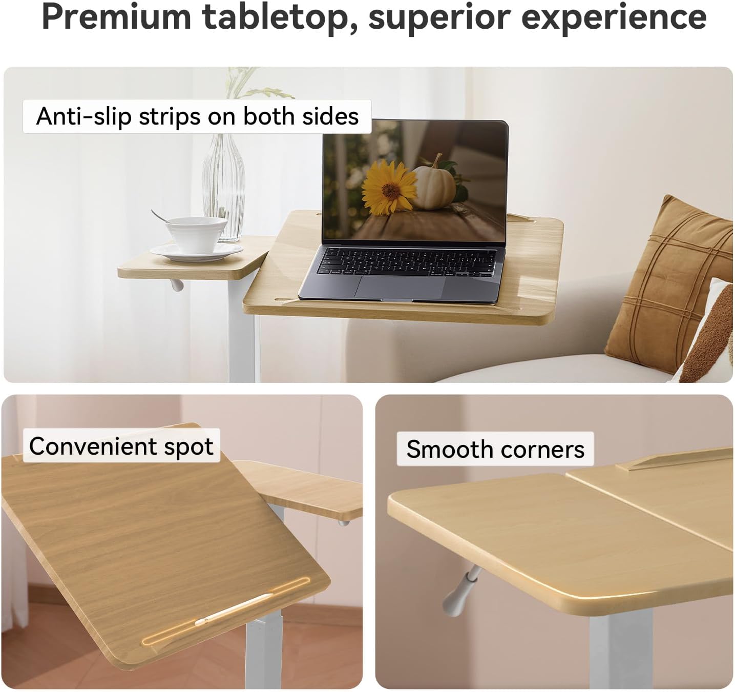 SIHOO D01 Medical Adjustable Tilt Overbed Bedside Table with Wheels Pneumatic Mobile Standing Laptop Desk Rolling Computer Cart Movable Bed Hospital Home Use （White Oak）